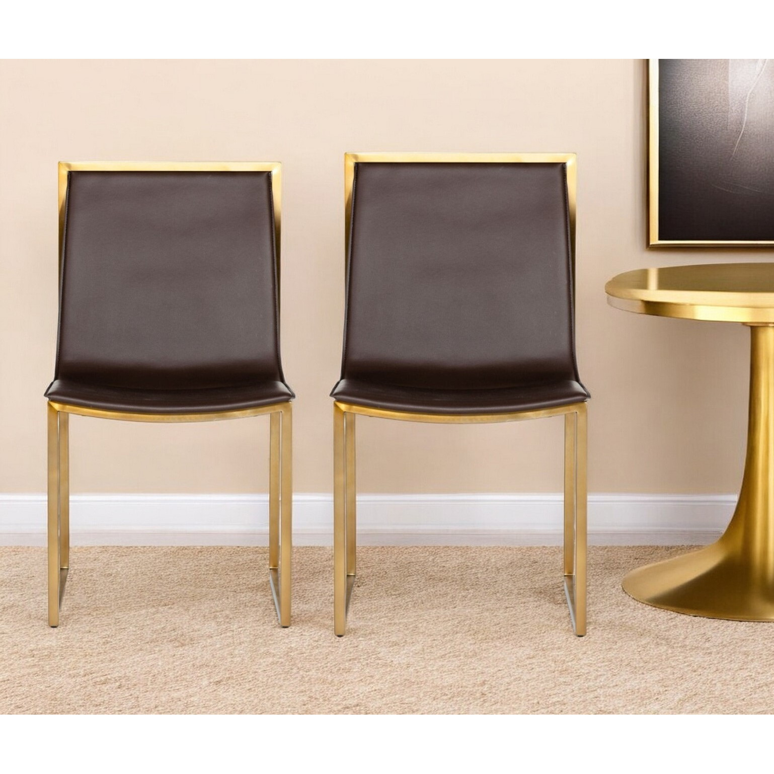 Set Of Two Brown And Brass Upholstered Faux Leather Dining Side Chairs