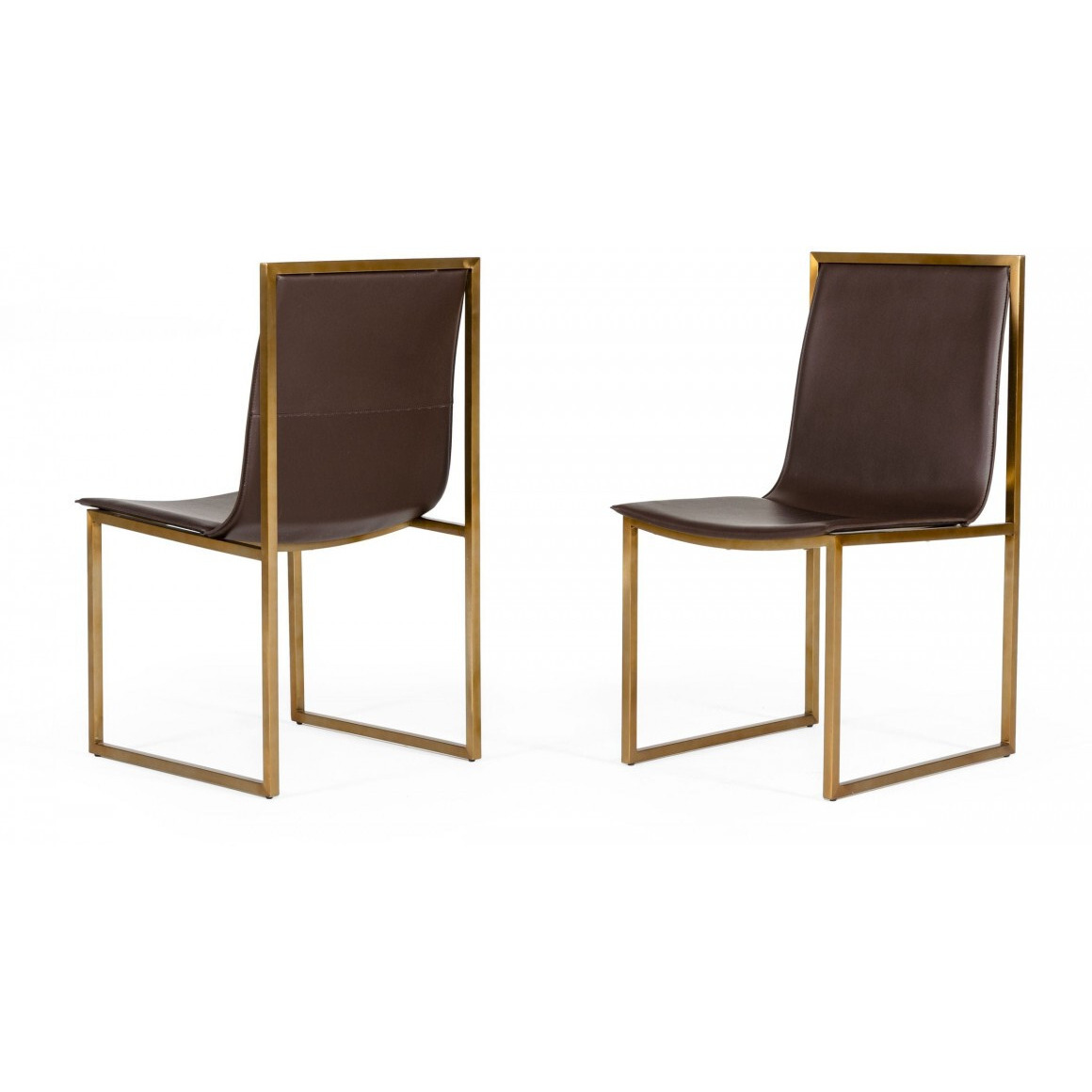 Set Of Two Brown And Brass Upholstered Faux Leather Dining Side Chairs