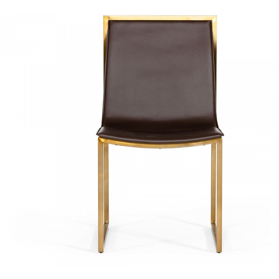 Set Of Two Brown And Brass Upholstered Faux Leather Dining Side Chairs