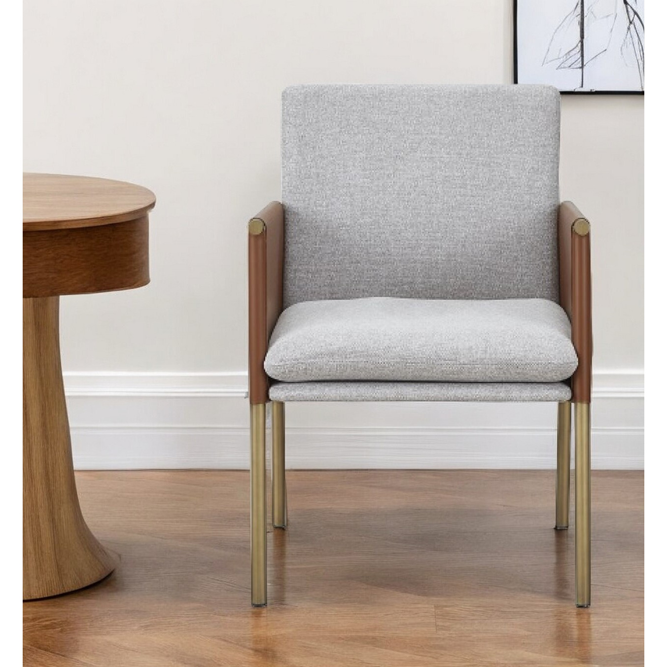 Light Gray And Antiqued Brass Upholstered Fabric Dining Arm Chair