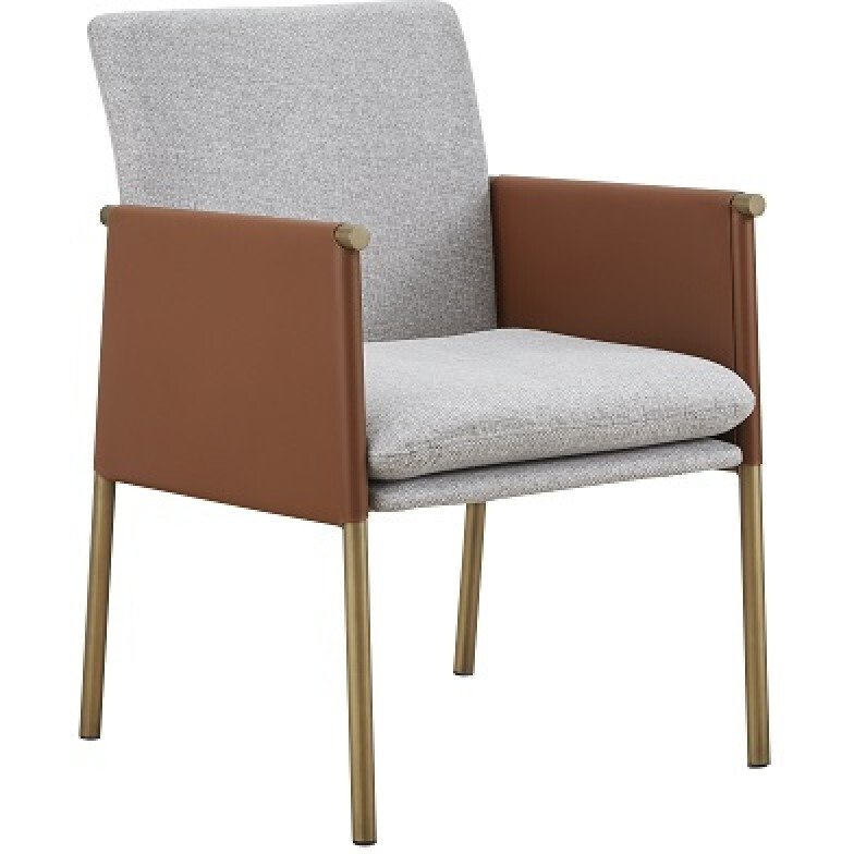 Light Gray And Antiqued Brass Upholstered Fabric Dining Arm Chair