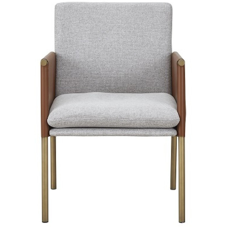Light Gray And Antiqued Brass Upholstered Fabric Dining Arm Chair