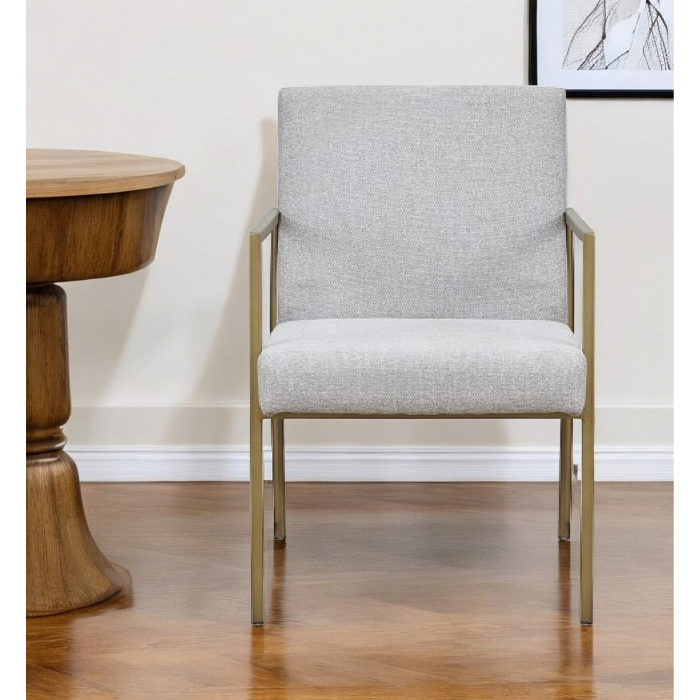 Light Gray And Brass Upholstered Fabric Dining Arm Chair