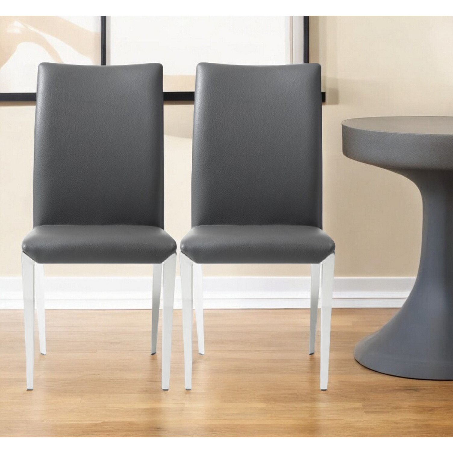Set Of Two Dark Gray And Silver Upholstered Faux Leather Dining Side Chairs