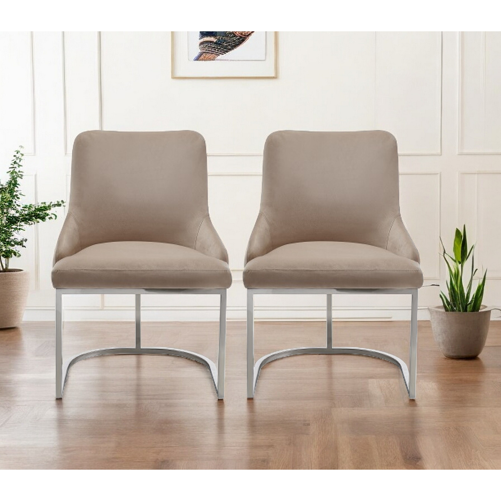 Set Of Two Tufted Beige And Silver Upholstered Velvet Wing Back Dining Side Chairs