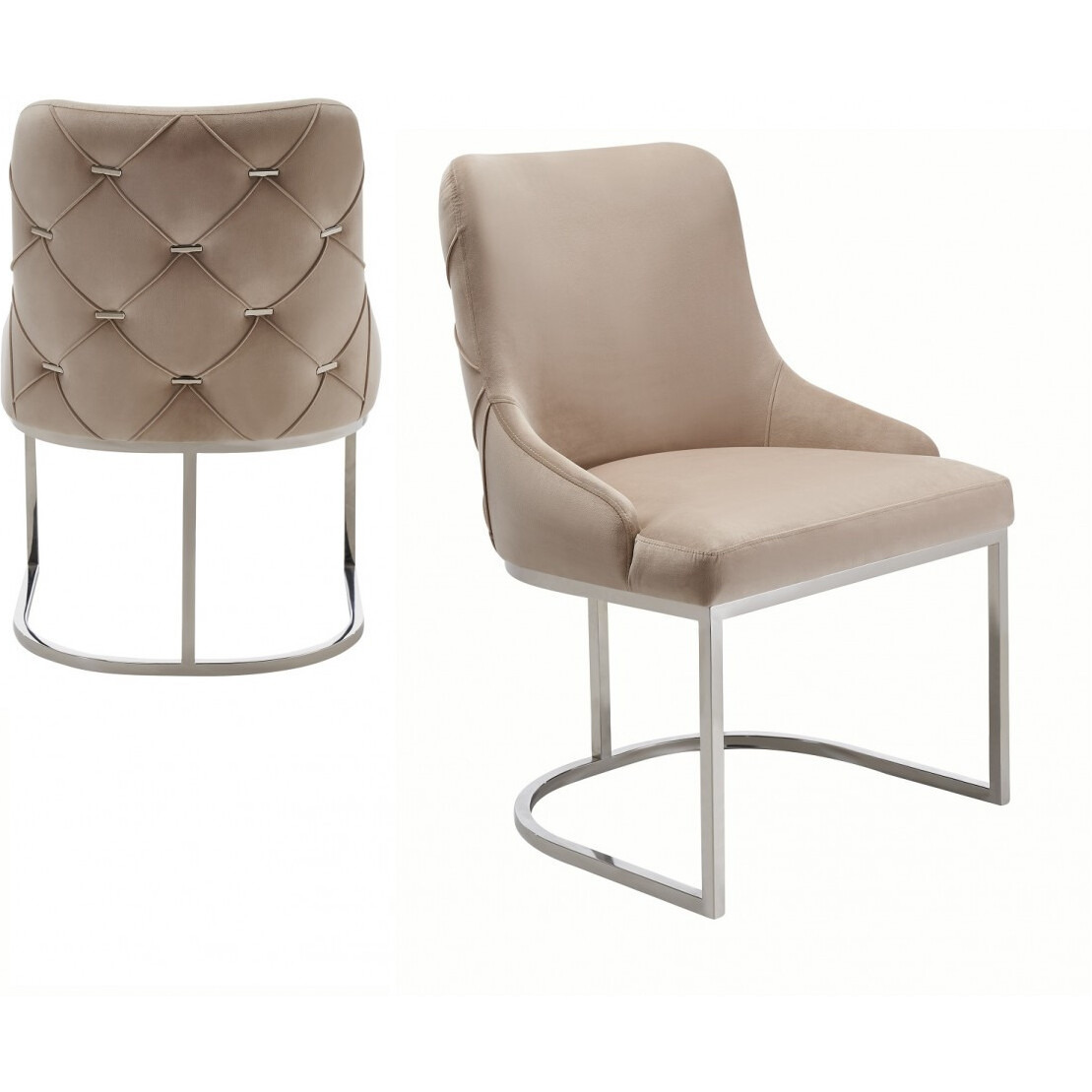 Set Of Two Tufted Beige And Silver Upholstered Velvet Wing Back Dining Side Chairs