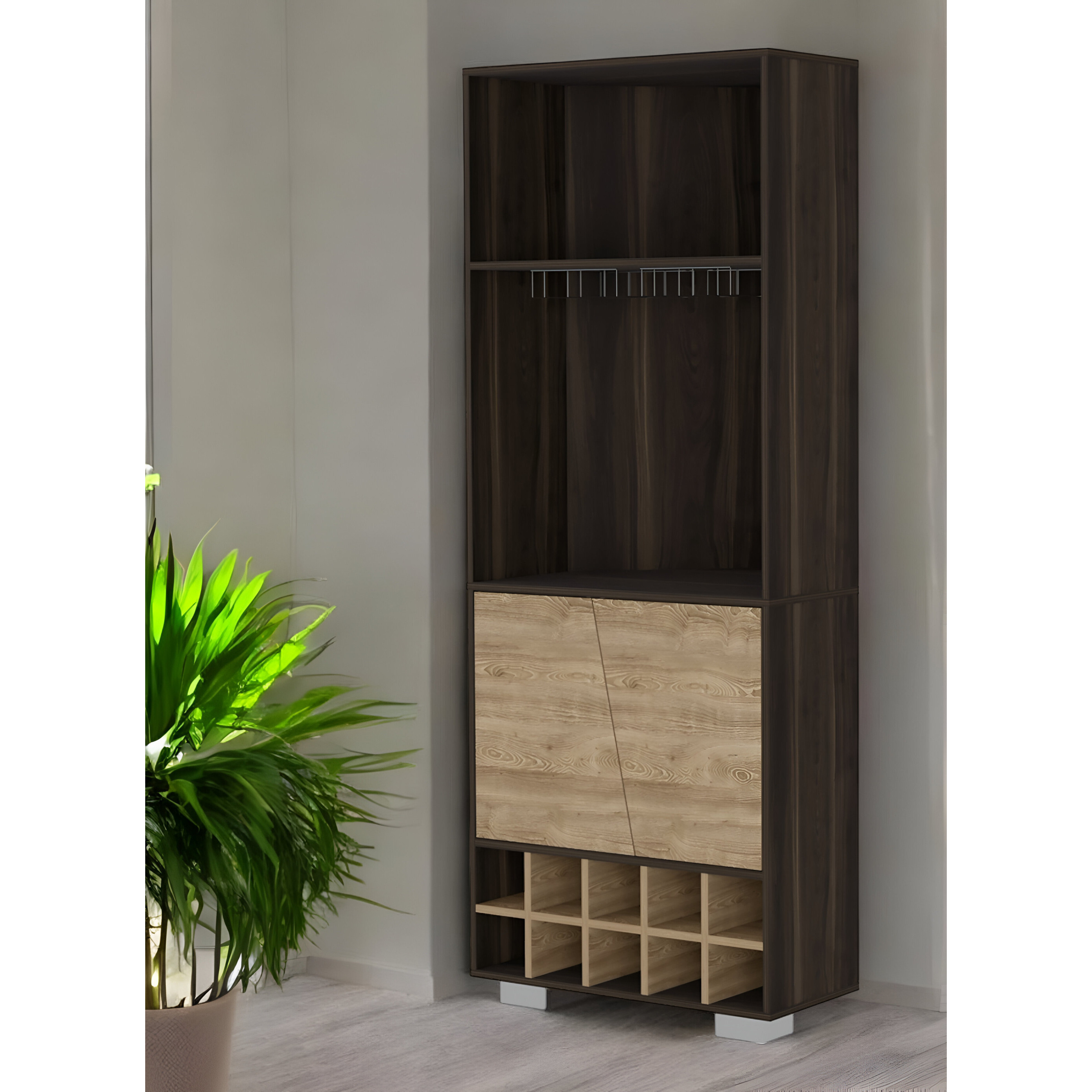 27"" Dark Brown Corner Bar Cabinet With Multiple Shelves