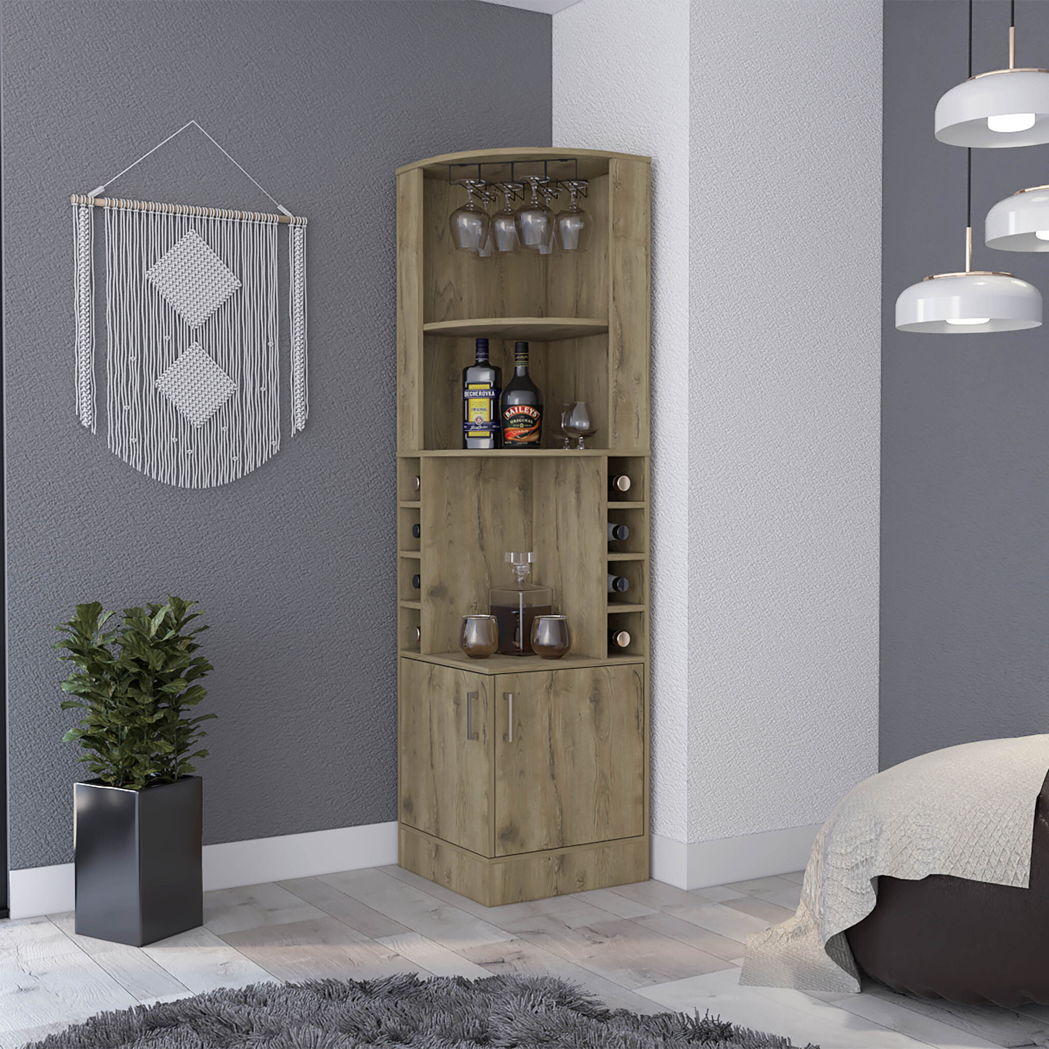 18"" Brown Corner Bar Cabinet With Eleven Shelves