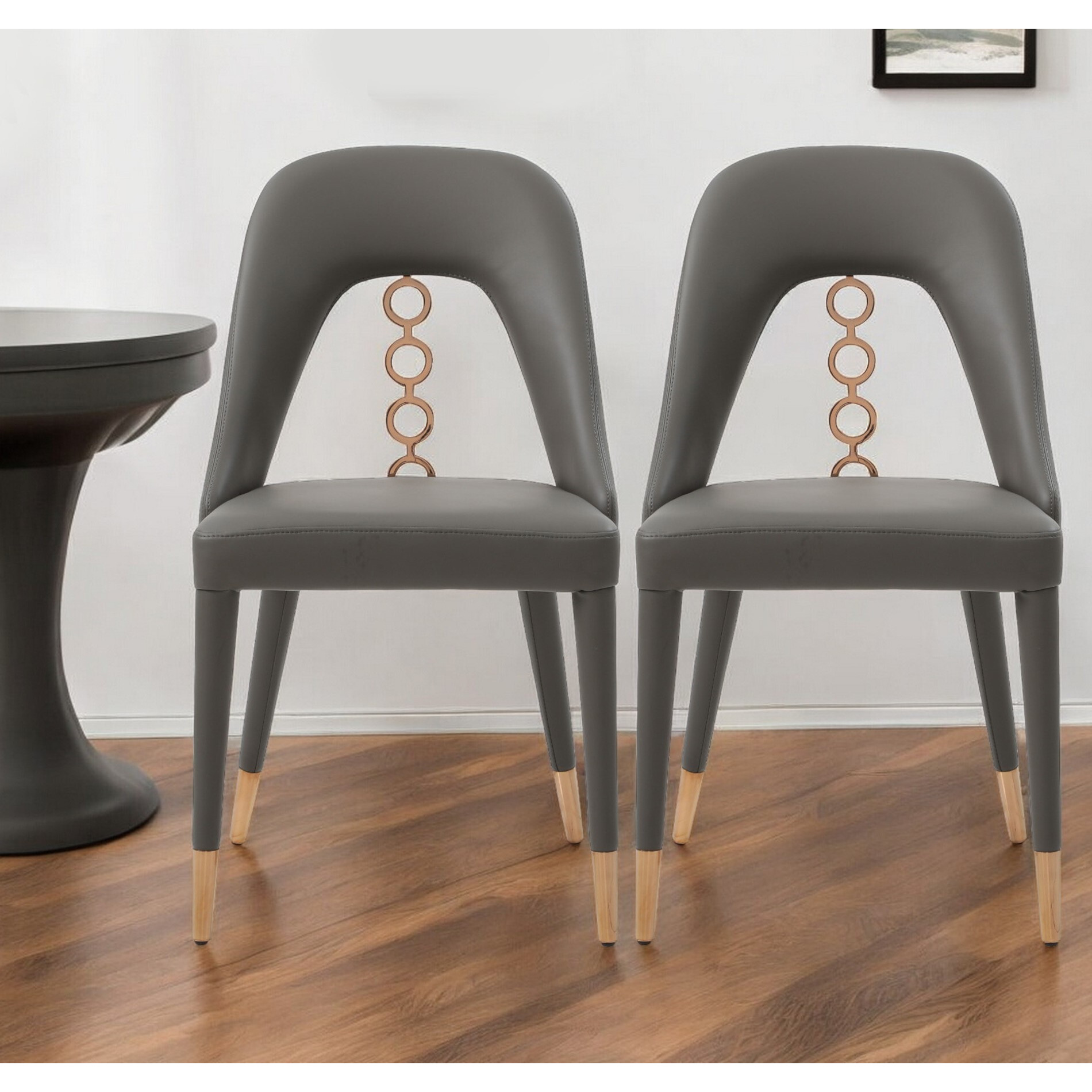 Set Of Two Gray Faux Leather Dining Side Chairs With Rose Gold Accents