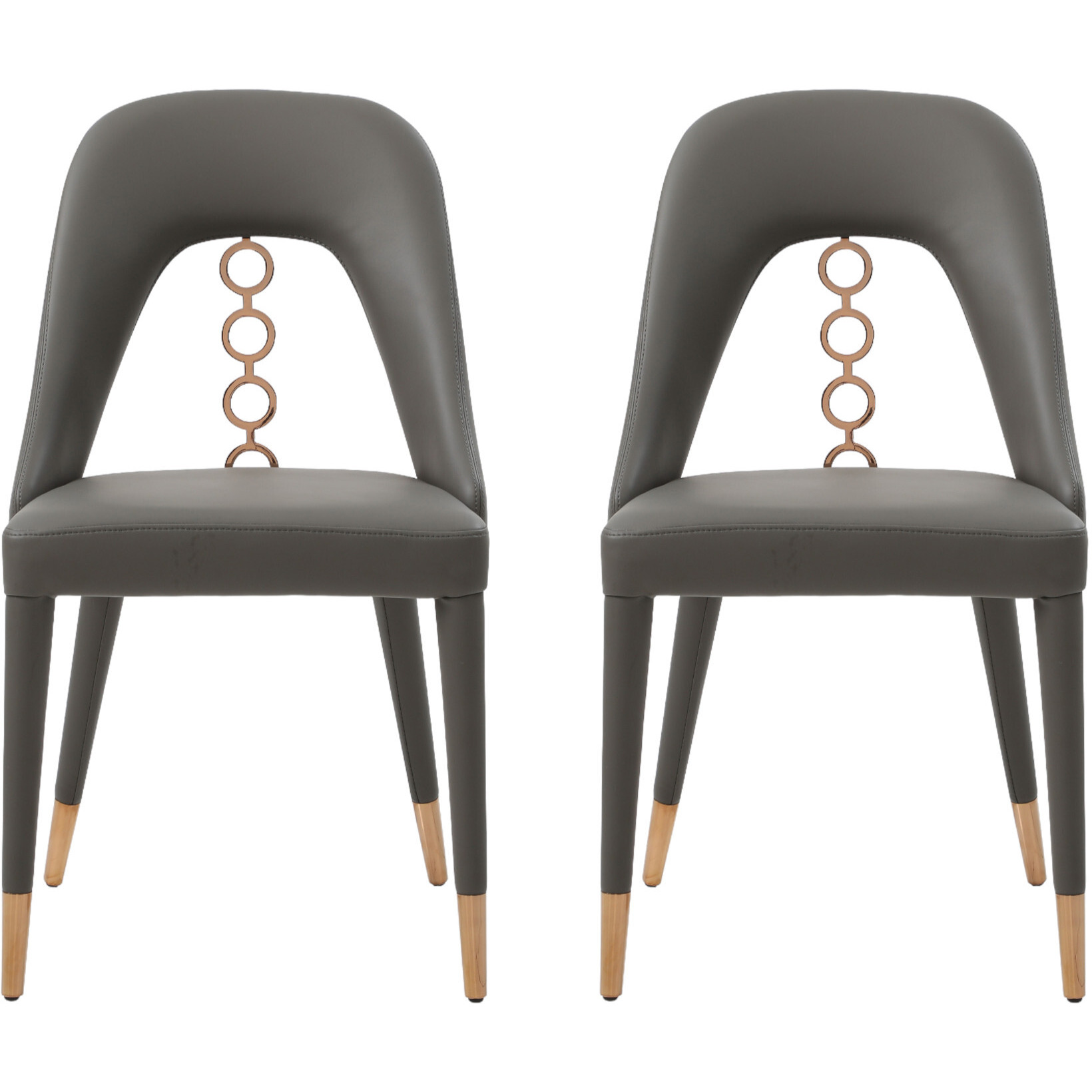 Set Of Two Gray Faux Leather Dining Side Chairs With Rose Gold Accents