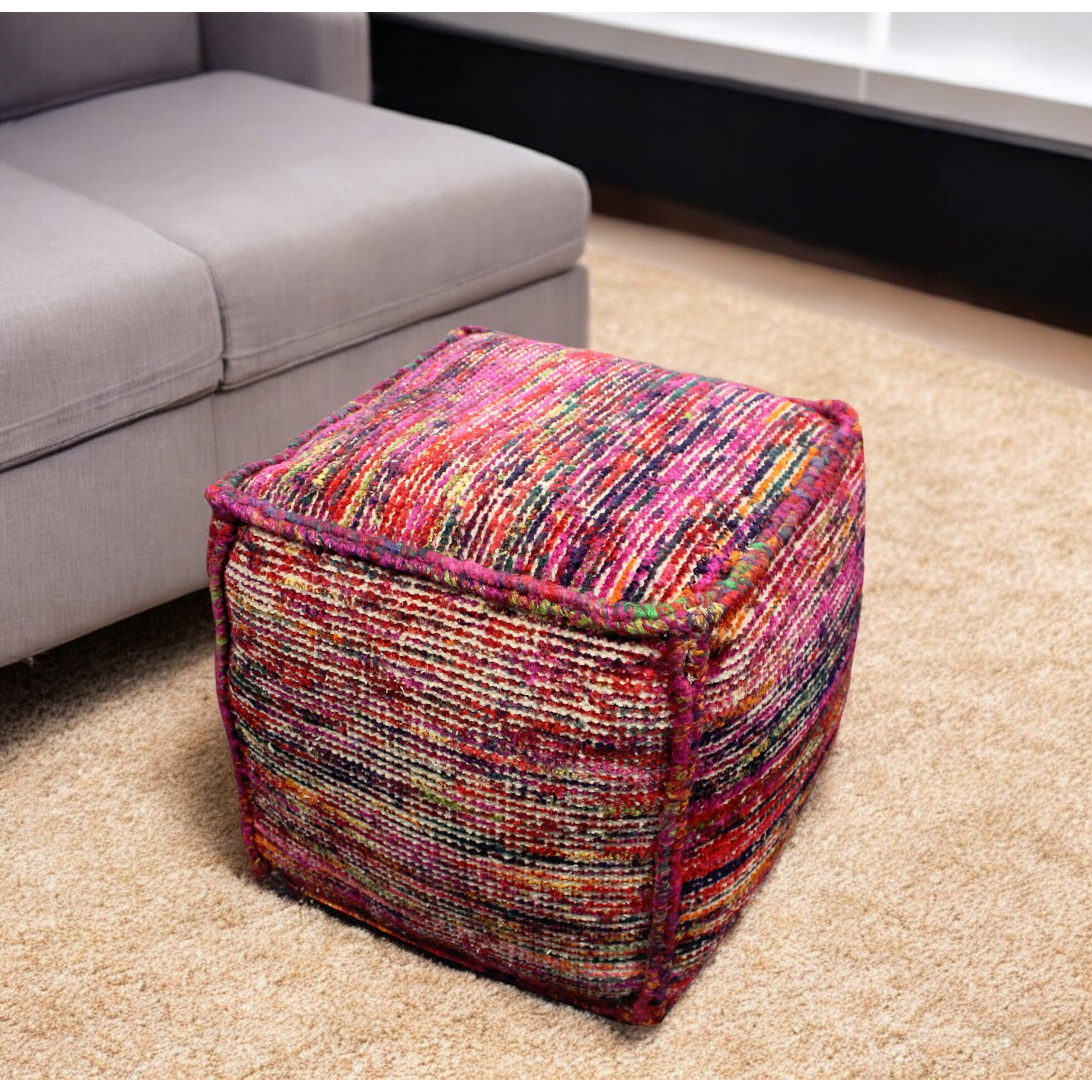 18"" Pink Wool Cube Pouf Ottoman