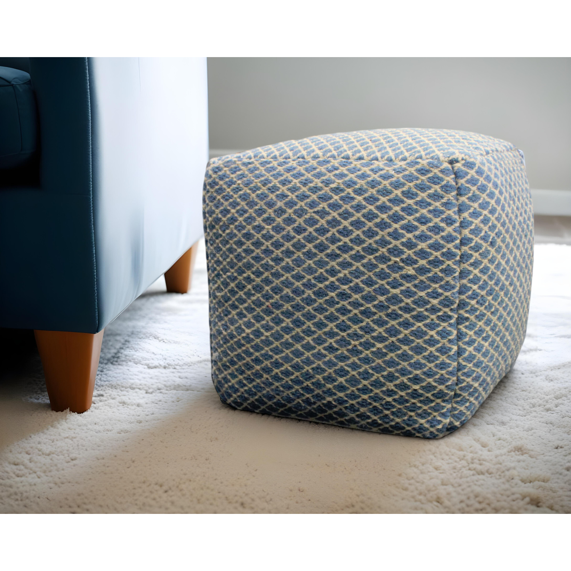 18"" Blue And Beige Wool Cube Trellis Pouf Ottoman