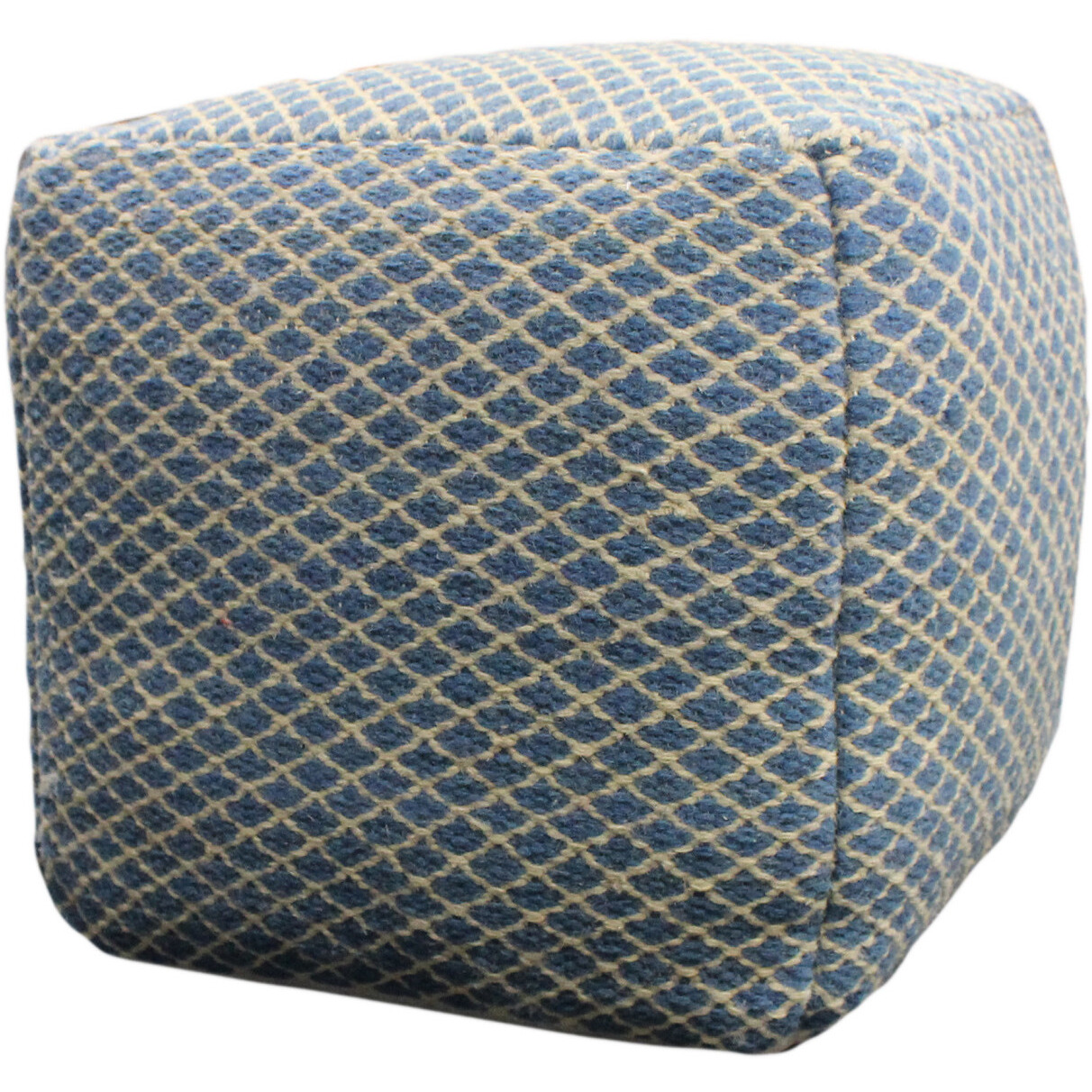 18"" Blue And Beige Wool Cube Trellis Pouf Ottoman