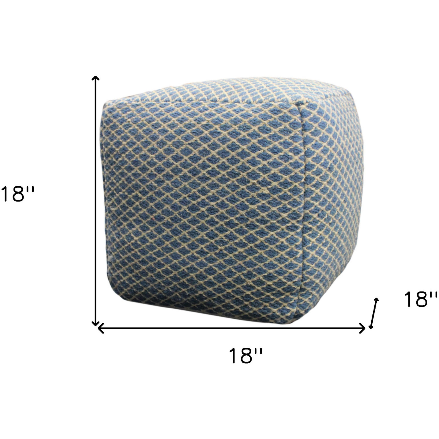 18"" Blue And Beige Wool Cube Trellis Pouf Ottoman