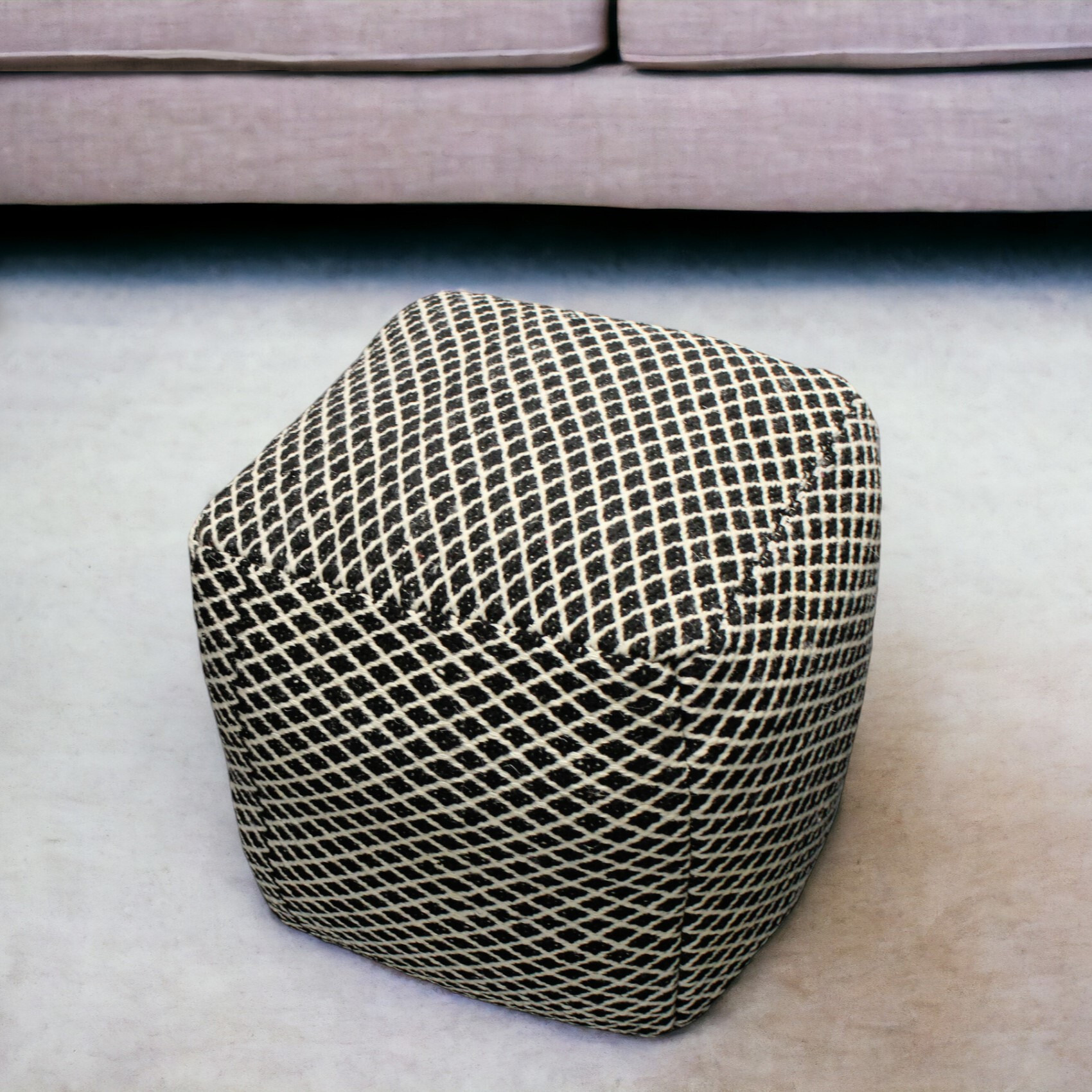 18"" Black And Ivory Wool Cube Geometric Pouf Ottoman