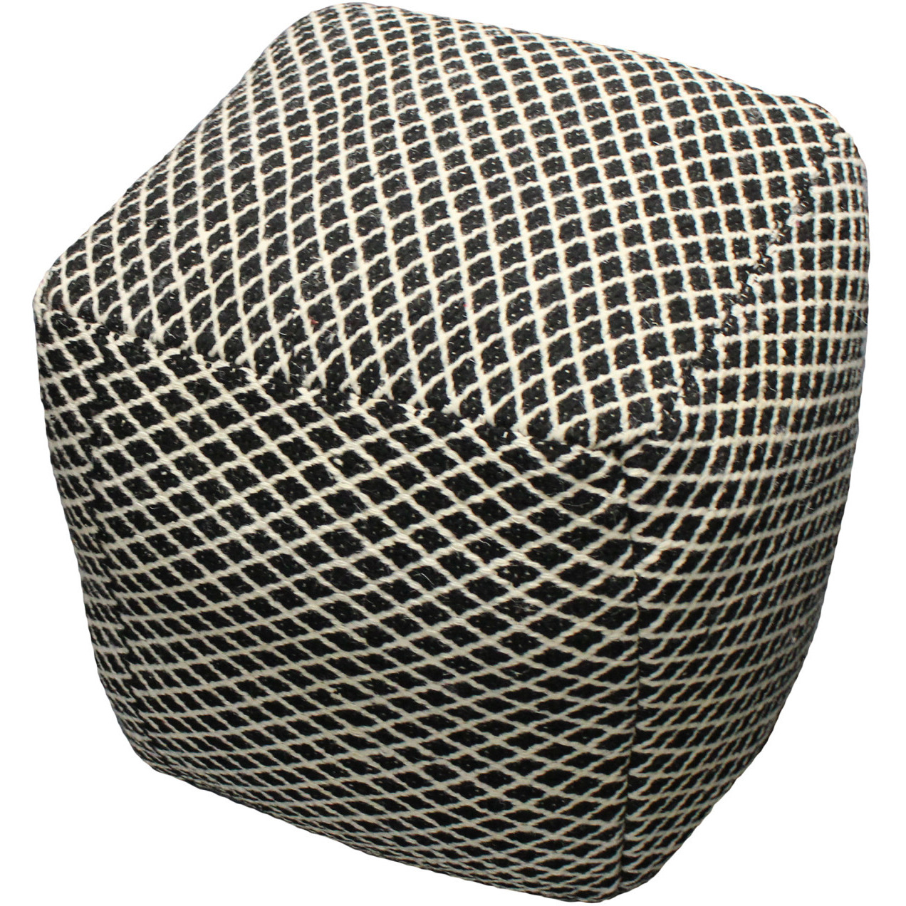18"" Black And Ivory Wool Cube Geometric Pouf Ottoman