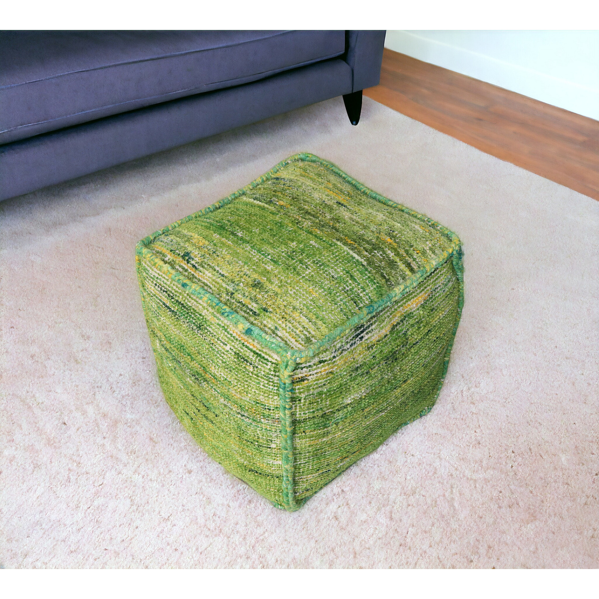 18"" Green Recycled Silk And Cotton Blend Cube Pouf Ottoman
