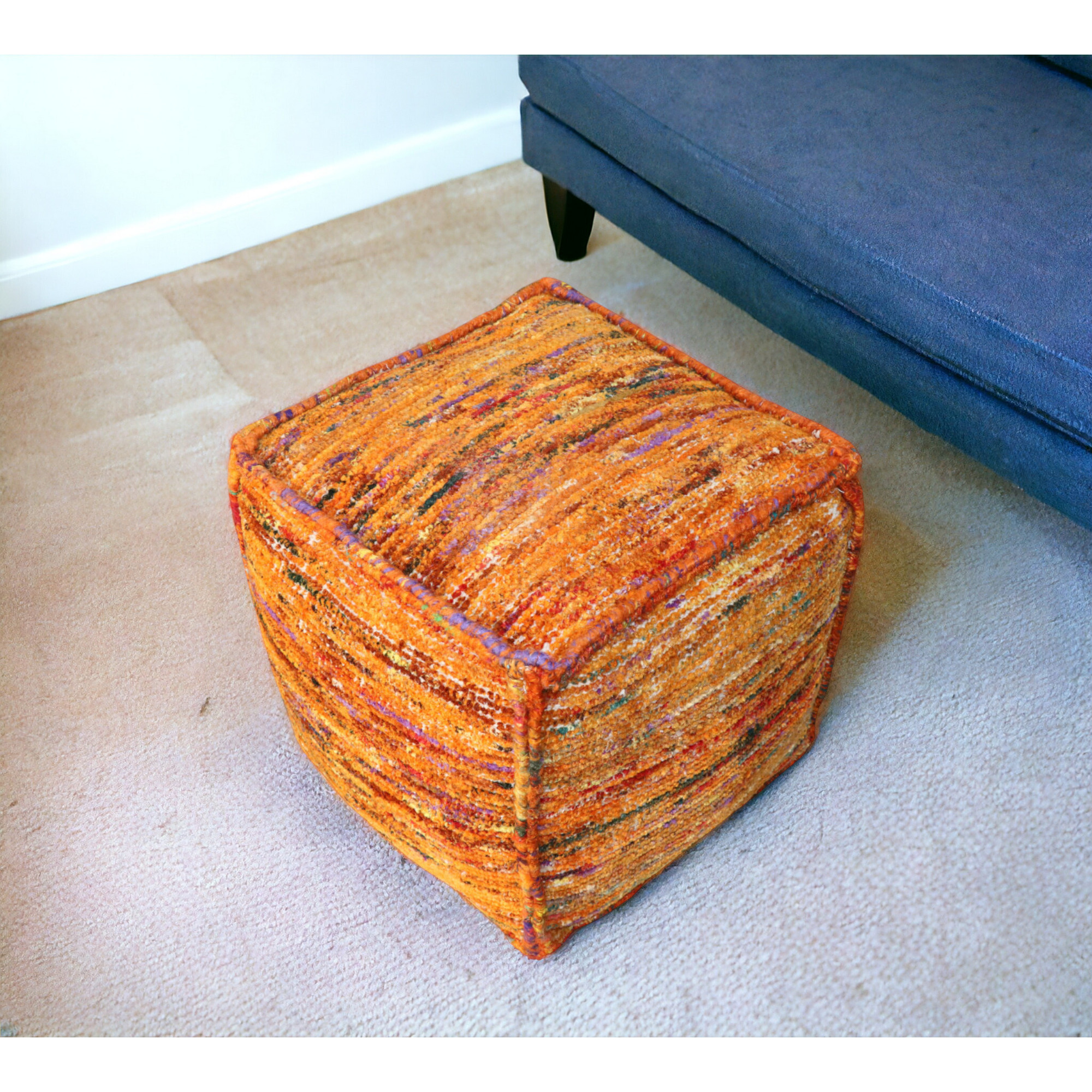 18"" Orange Recycled Silk And Cotton Blend Cube Pouf Ottoman