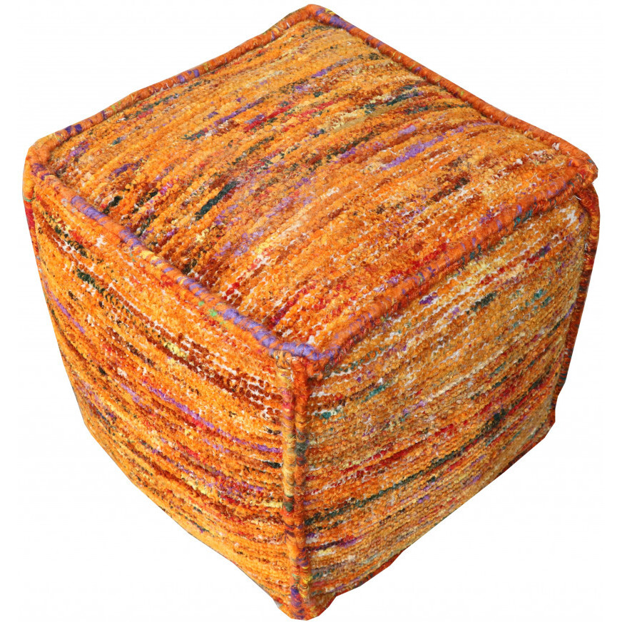 18"" Orange Recycled Silk And Cotton Blend Cube Pouf Ottoman