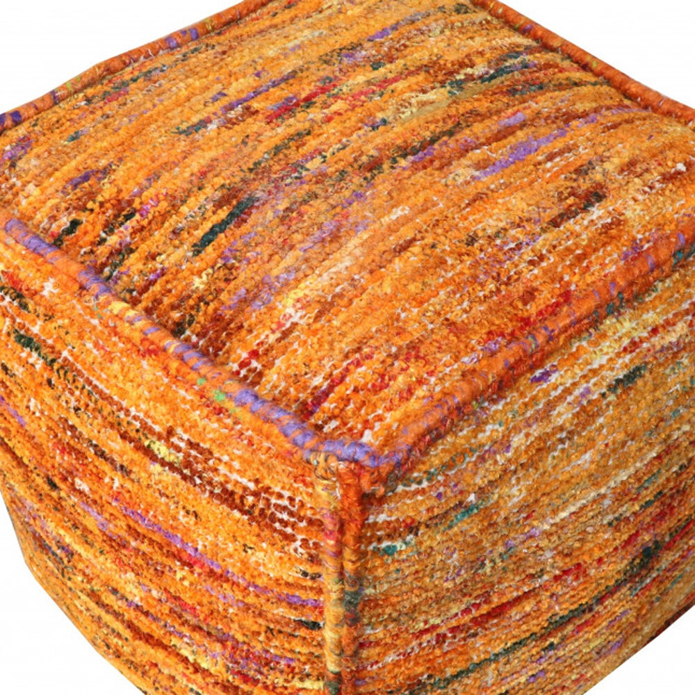 18"" Orange Recycled Silk And Cotton Blend Cube Pouf Ottoman