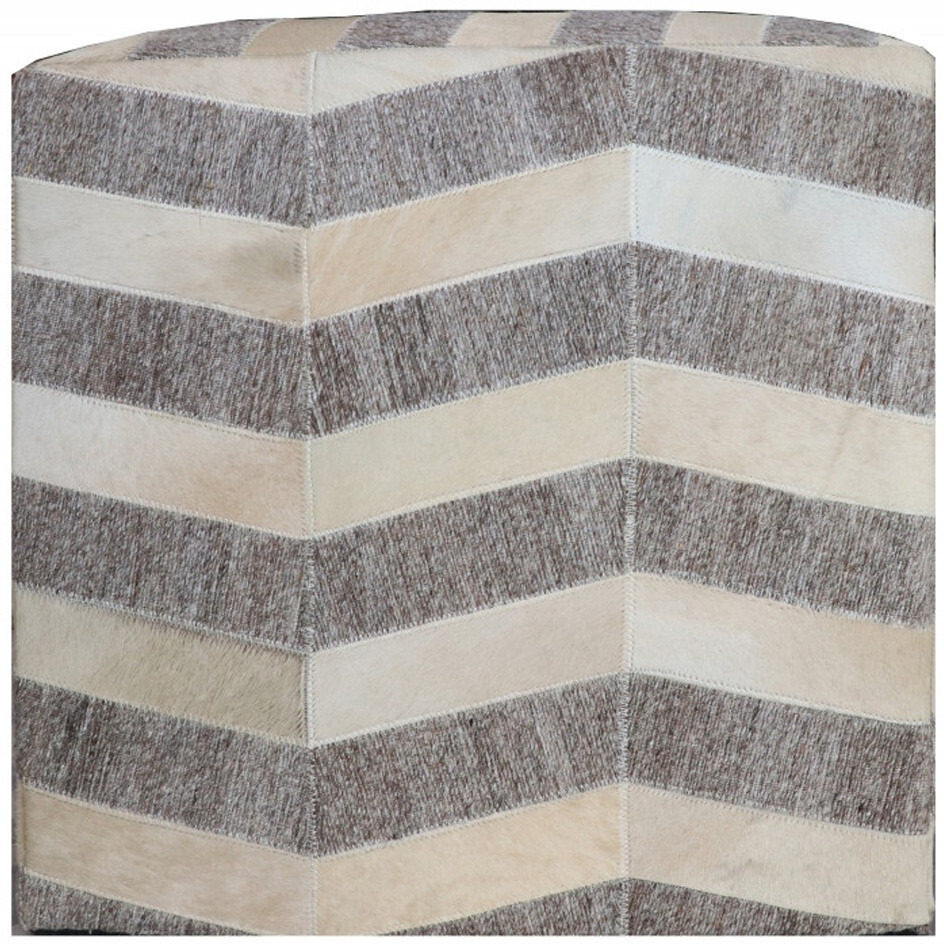 18"" Gray And Beige Hair On Hide Cube Chevron Pouf Ottoman
