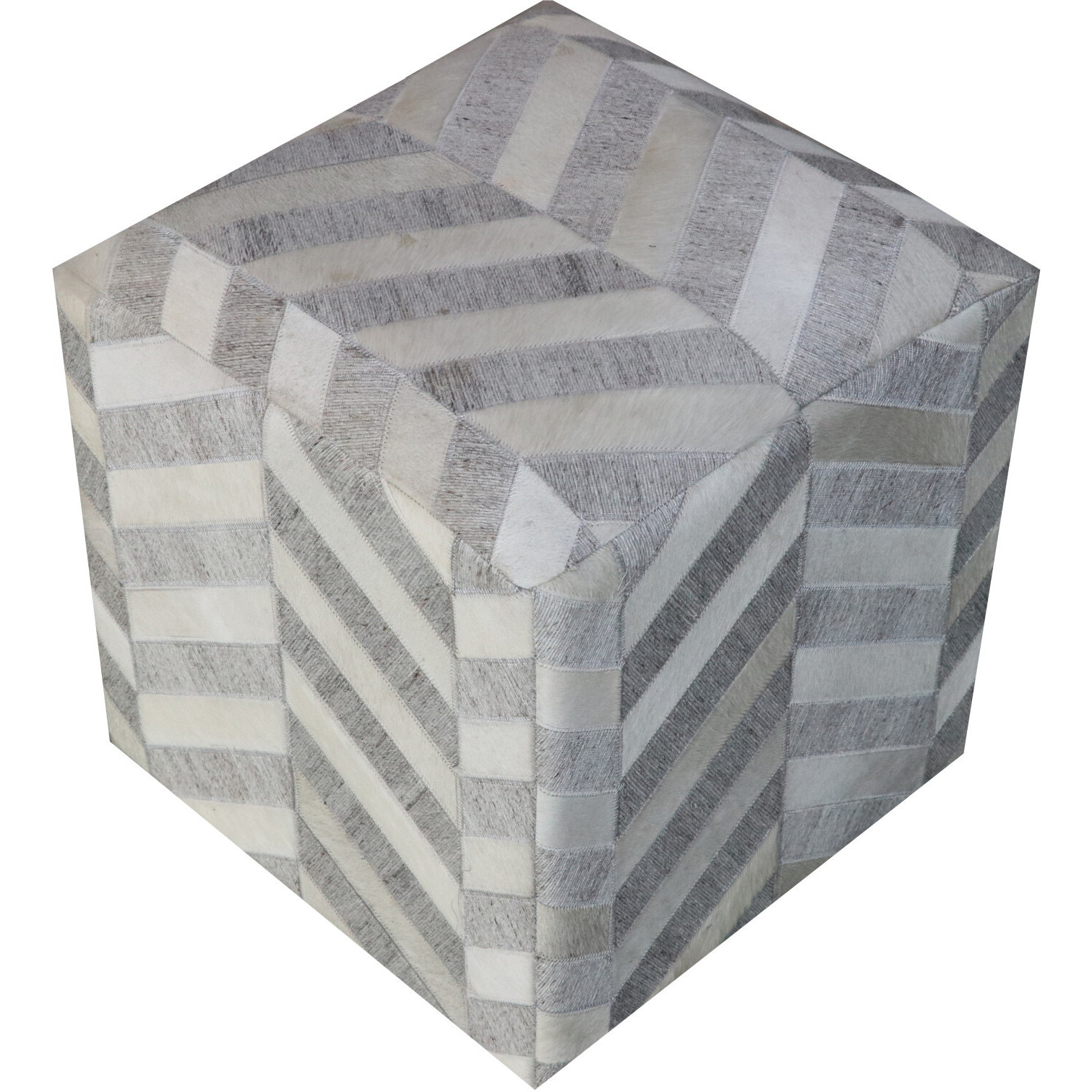 18"" Gray And Ivory Hair On Hide Cube Chevron Pouf Ottoman