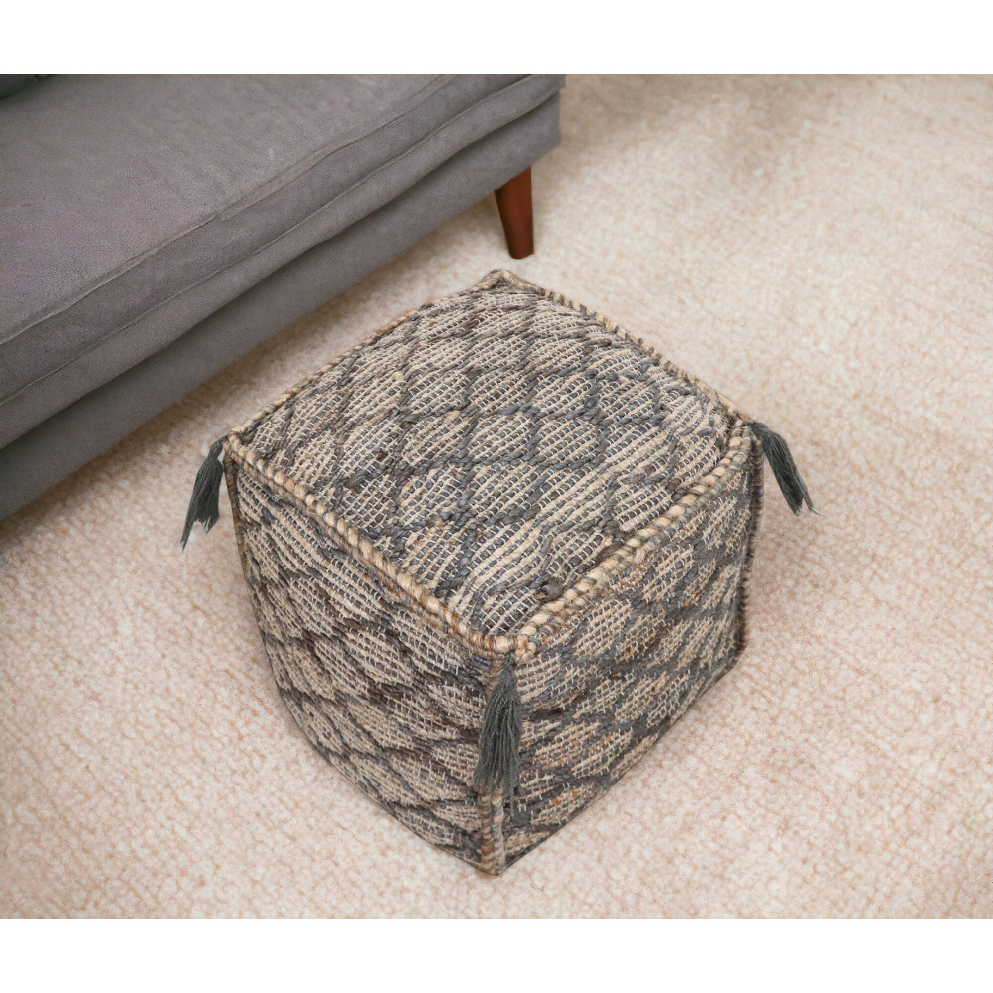 18"" Natural Gray And Taupe Jute Cube Trellis Pouf Ottoman
