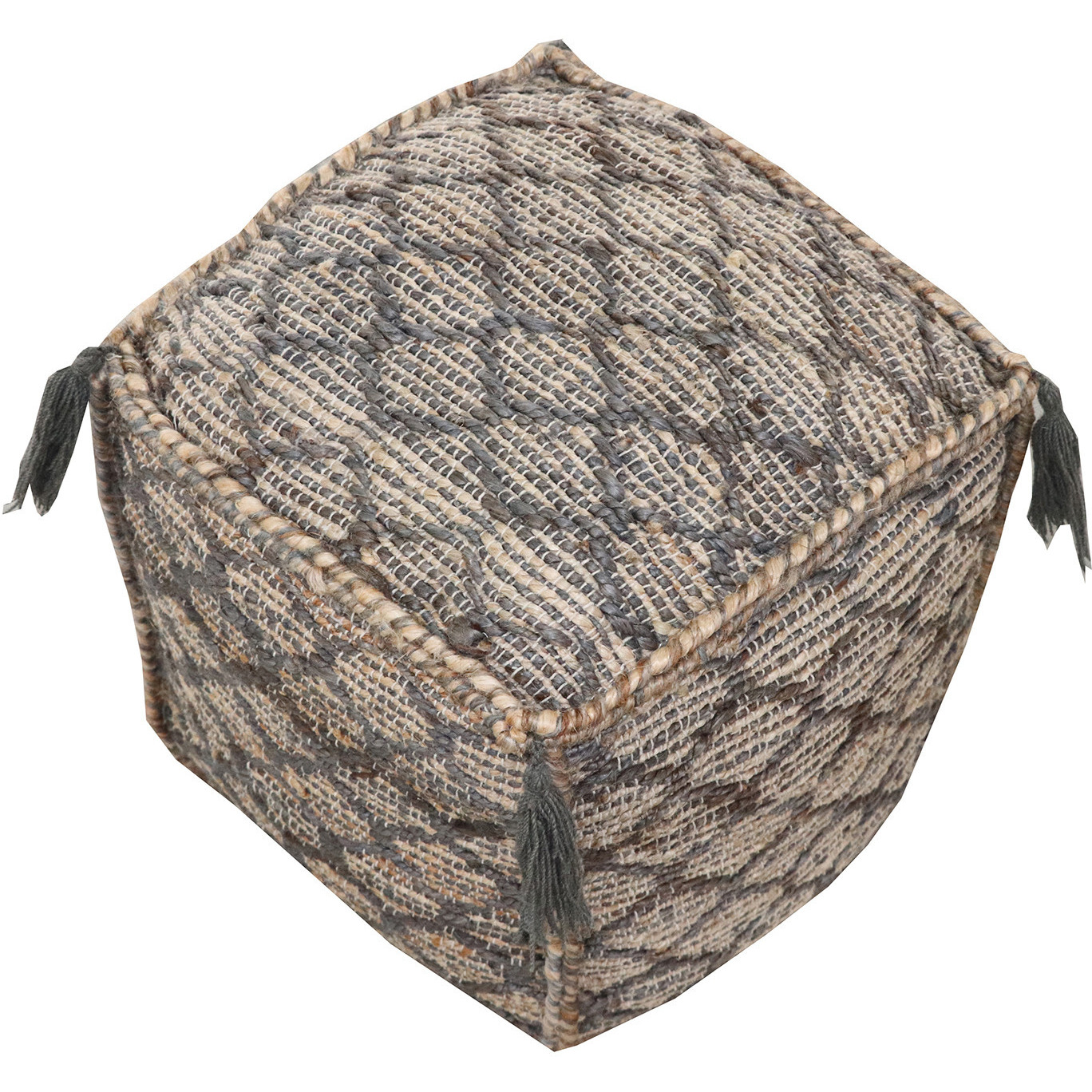 18"" Natural Gray And Taupe Jute Cube Trellis Pouf Ottoman