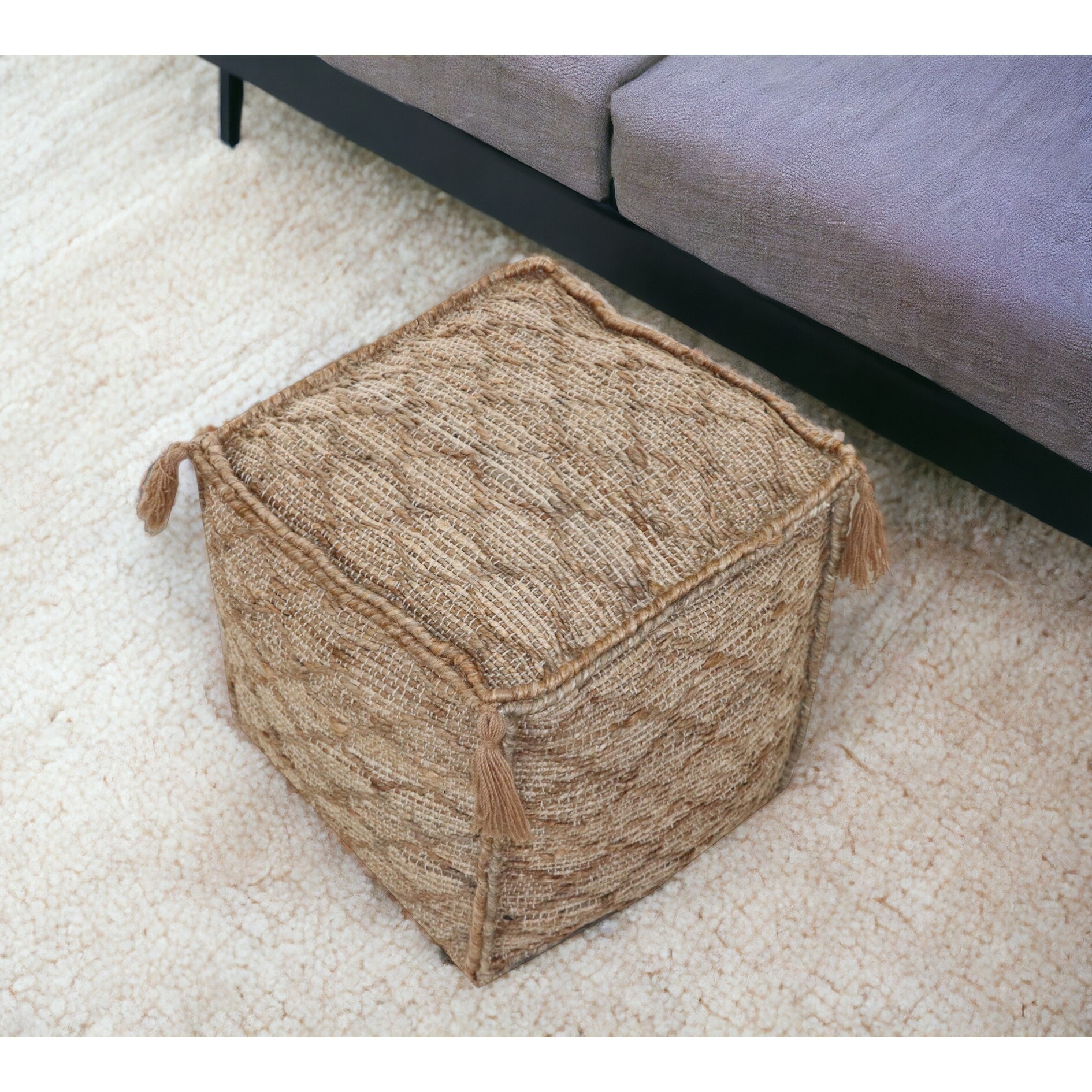 18"" Brown Jute Cube Trellis Pouf Ottoman