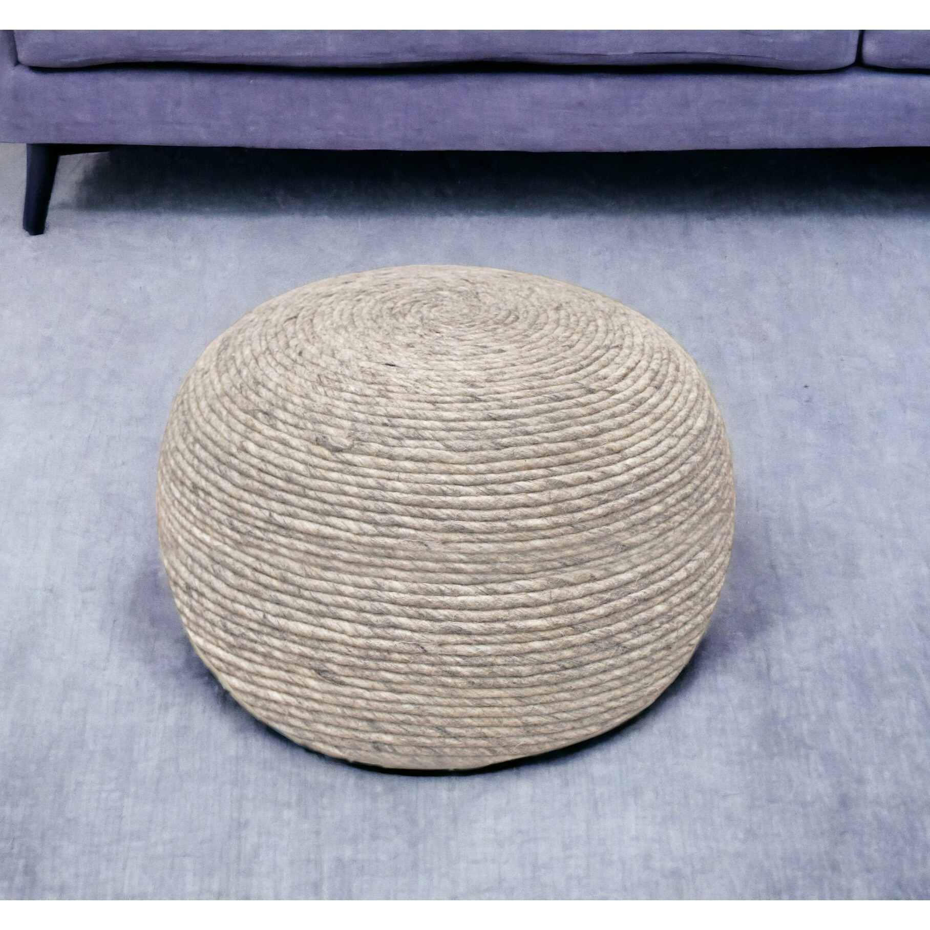 20"" Gray Wool Round Ribbed Pouf Ottoman