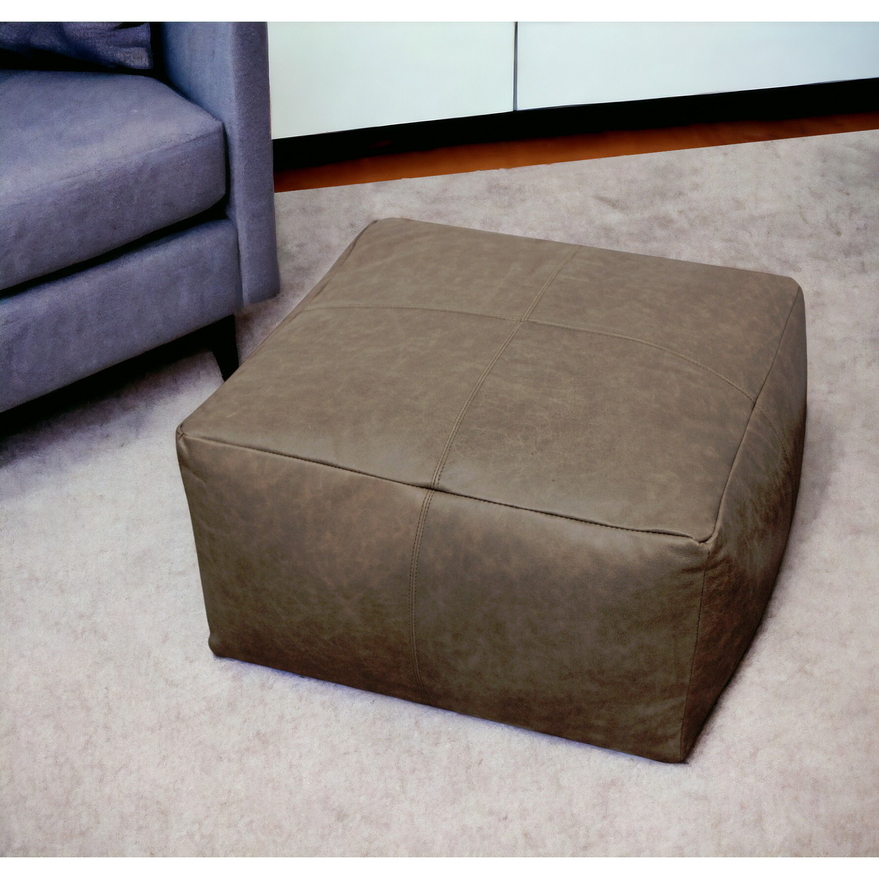 22"" Gray Brown Distressed Leather Pouf Ottoman