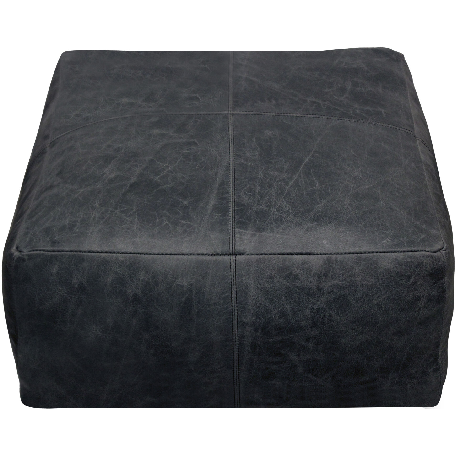 22"" Black Distressed Leather Pouf Ottoman