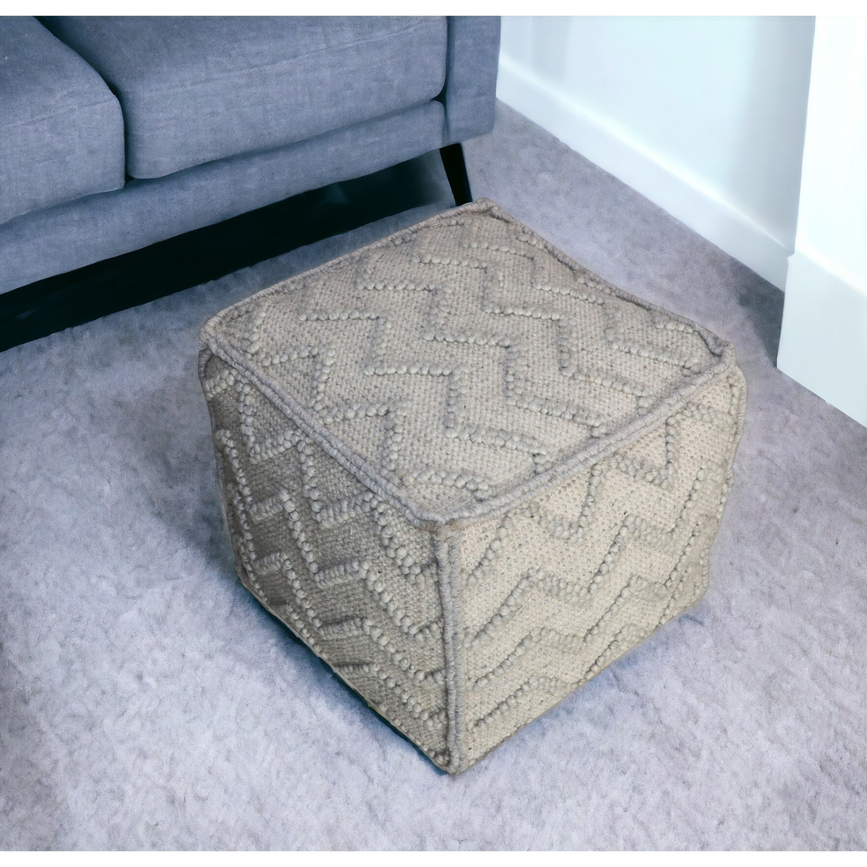 18"" Gray Wool Cotton Blend Cube Chevron Pouf Ottoman