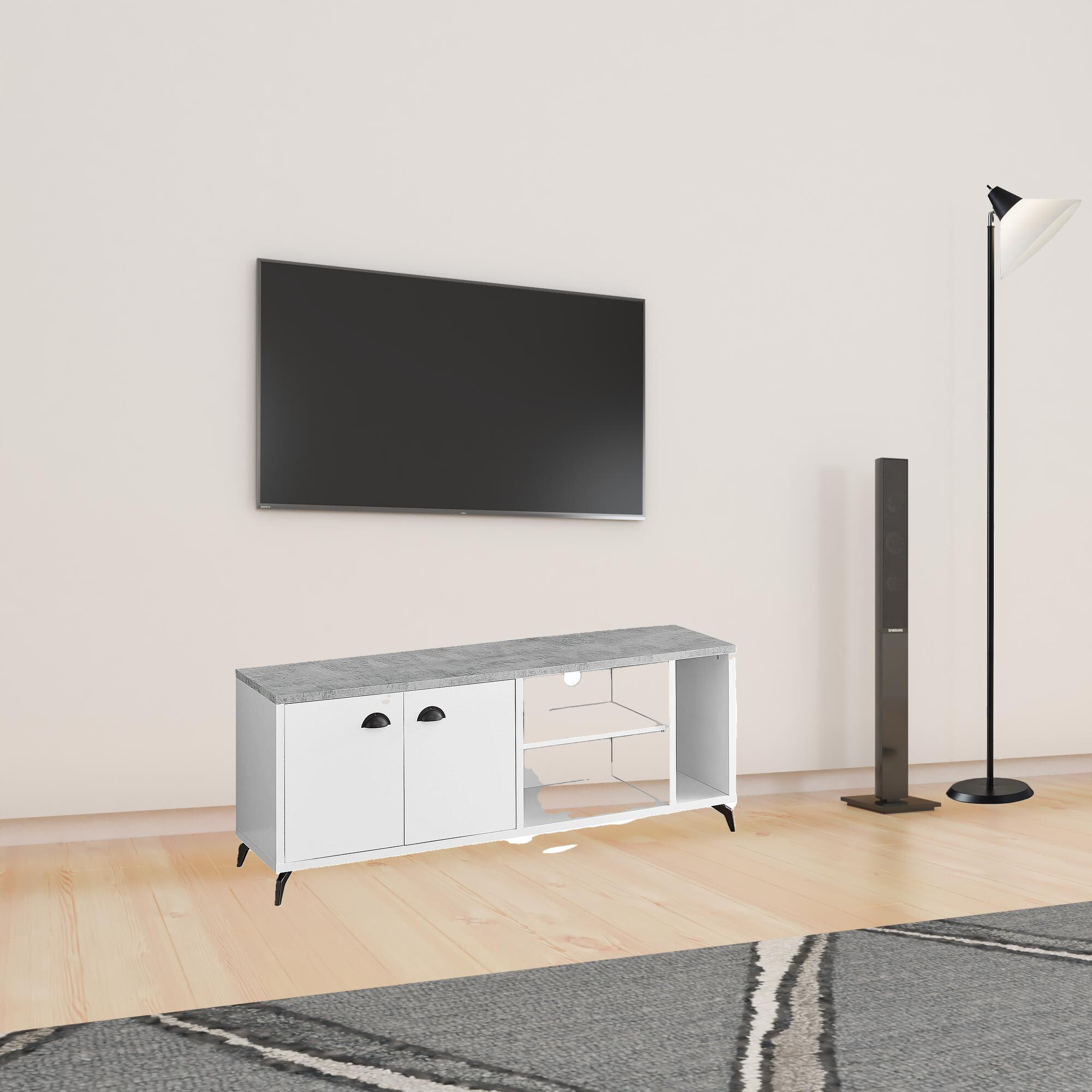 60"" White Cabinet Enclosed Storage Tv Stand