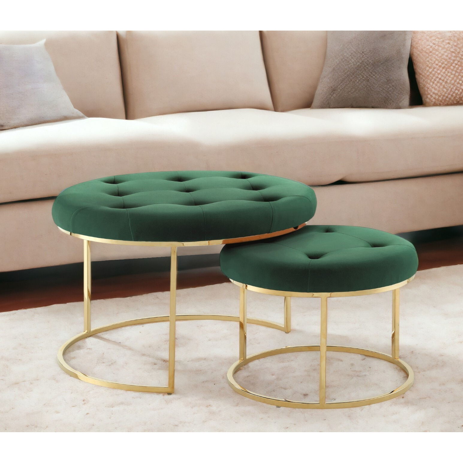 Set Of Two Green Velvet And Gold Tufted Round Ottomans