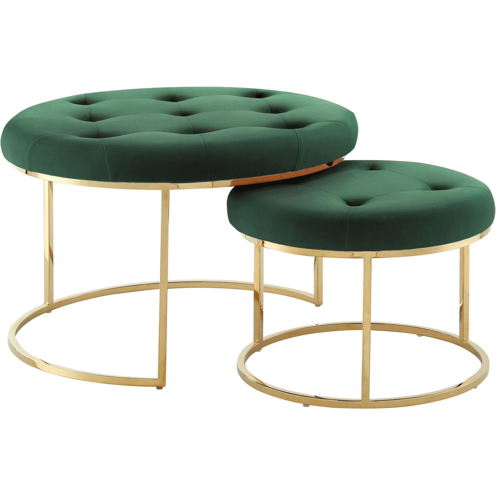 Set Of Two Green Velvet And Gold Tufted Round Ottomans