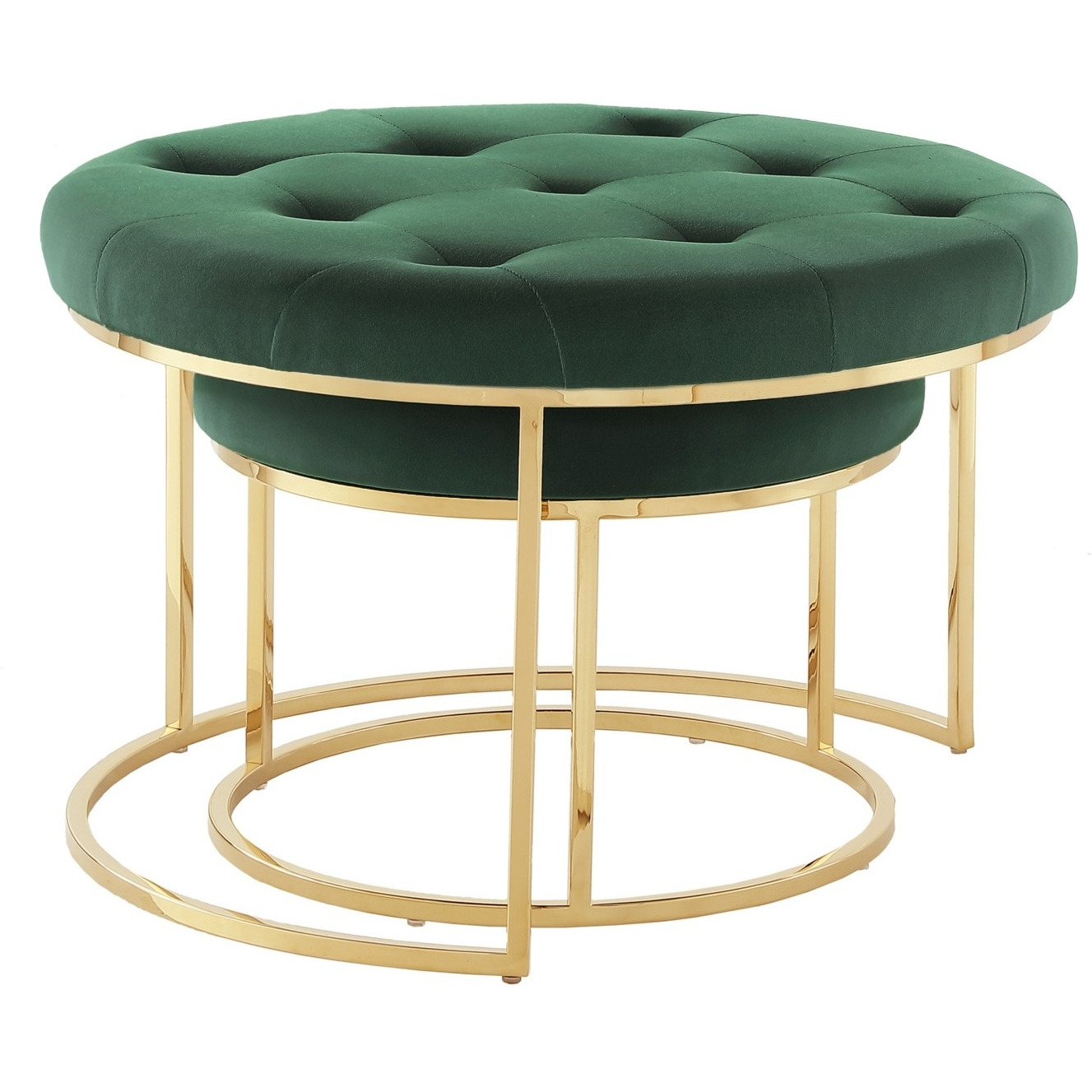 Set Of Two Green Velvet And Gold Tufted Round Ottomans