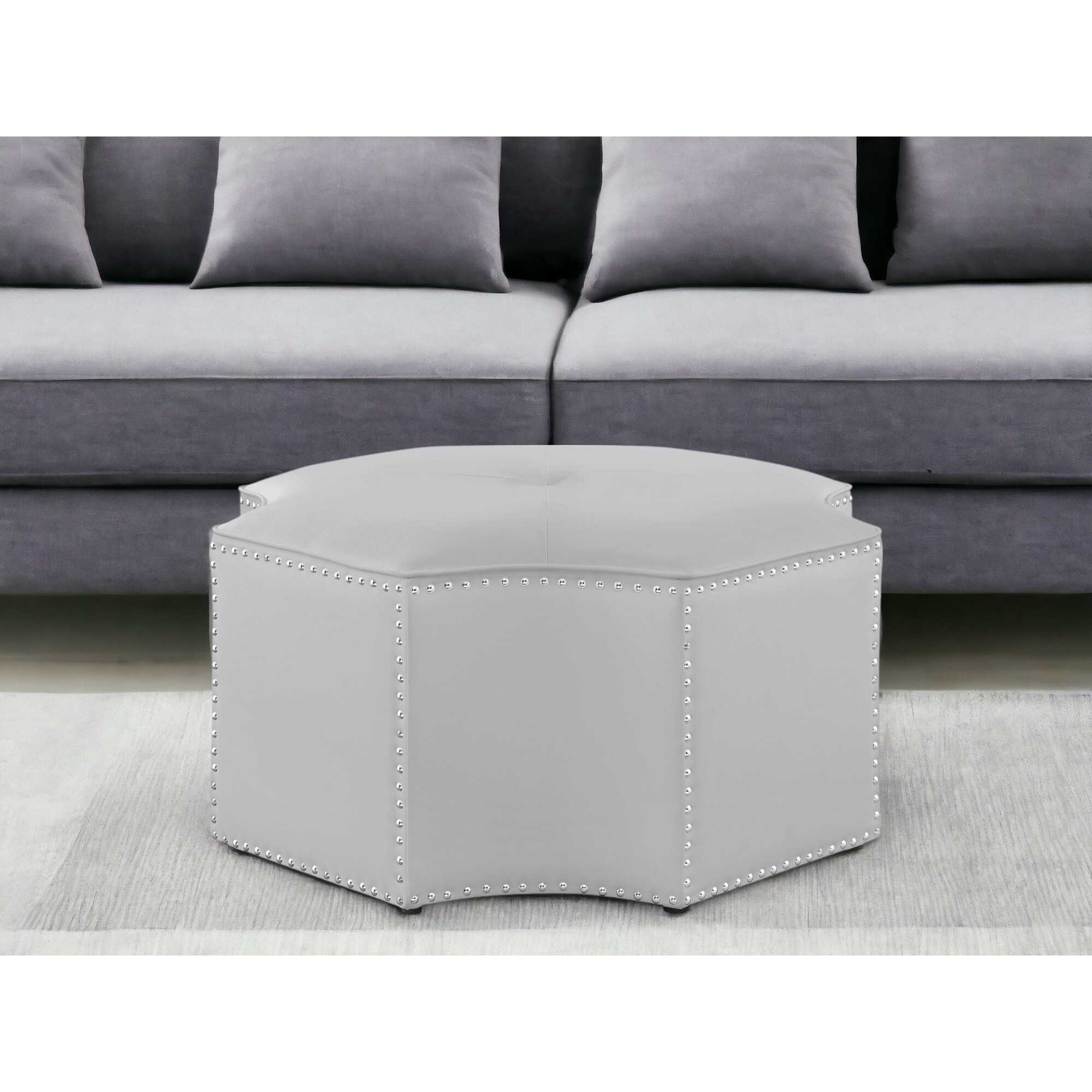 33"" Silver Faux Leather Tufted Octagonal Cocktail Ottoman