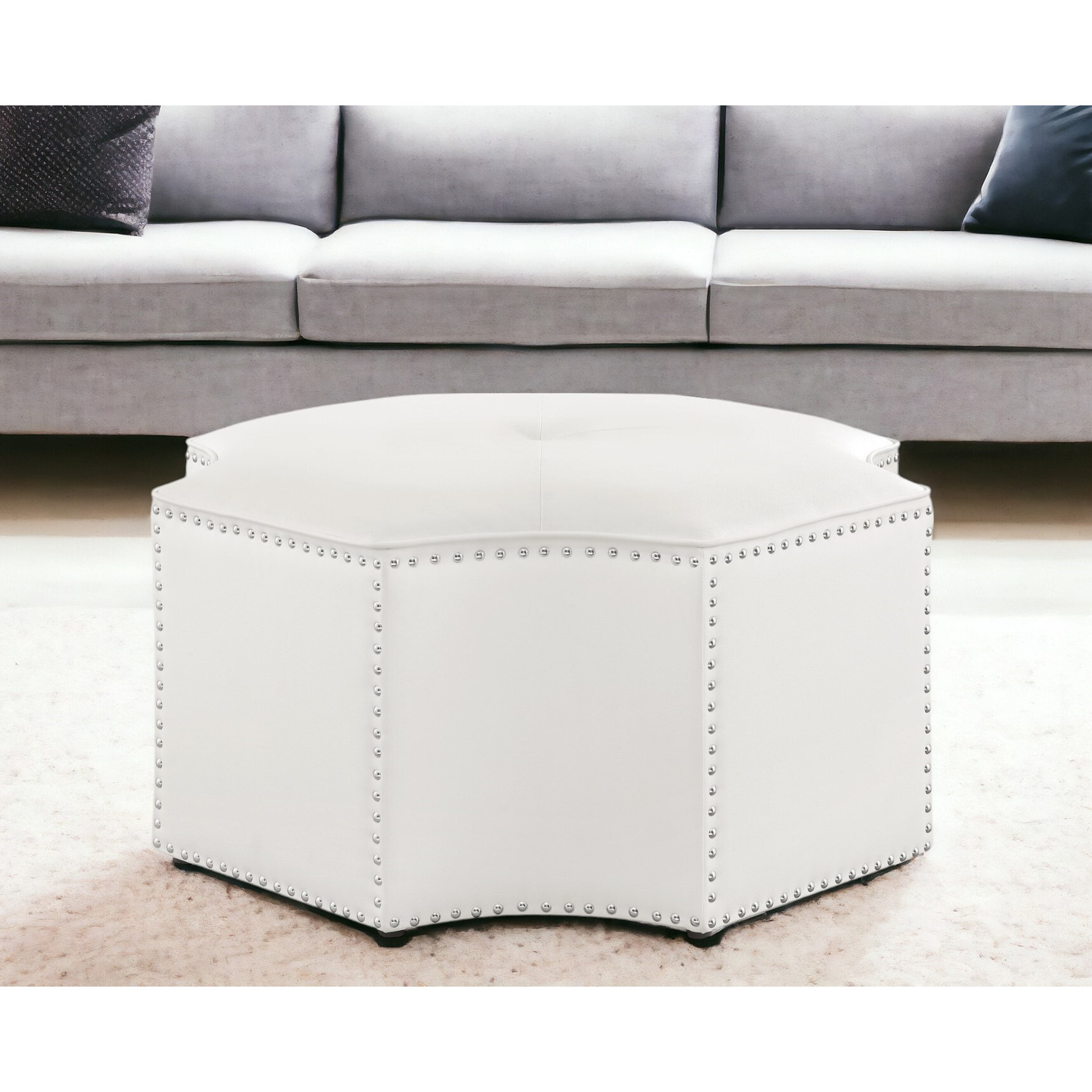 33"" White Faux Leather Tufted Octagonal Cocktail Ottoman