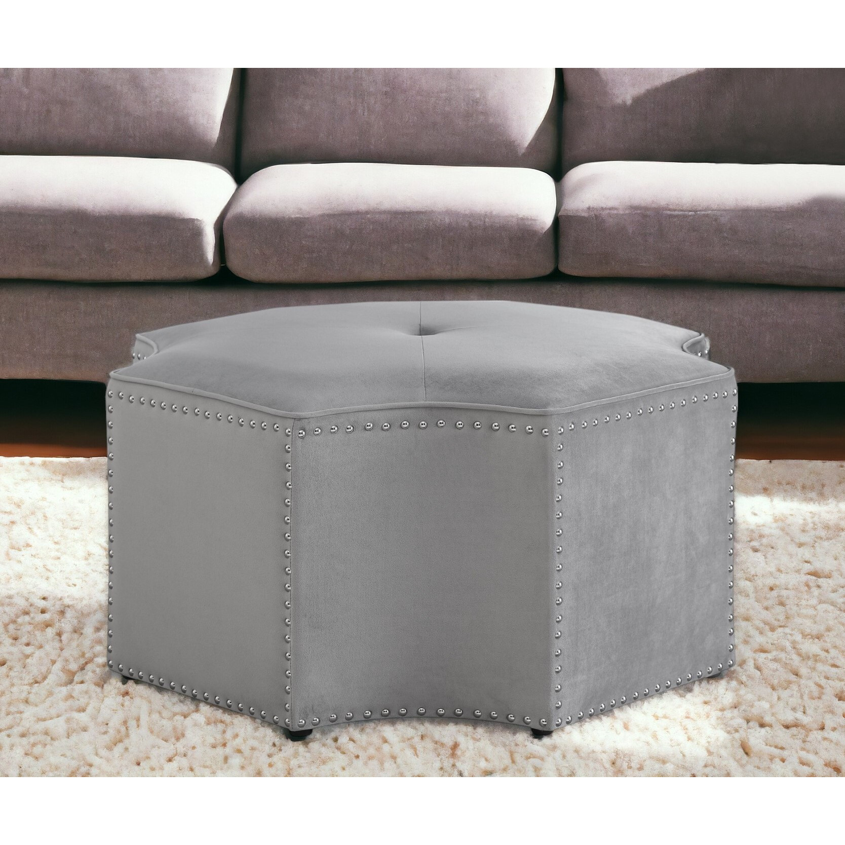 33"" Gray Velvet Tufted Octagonal Cocktail Ottoman