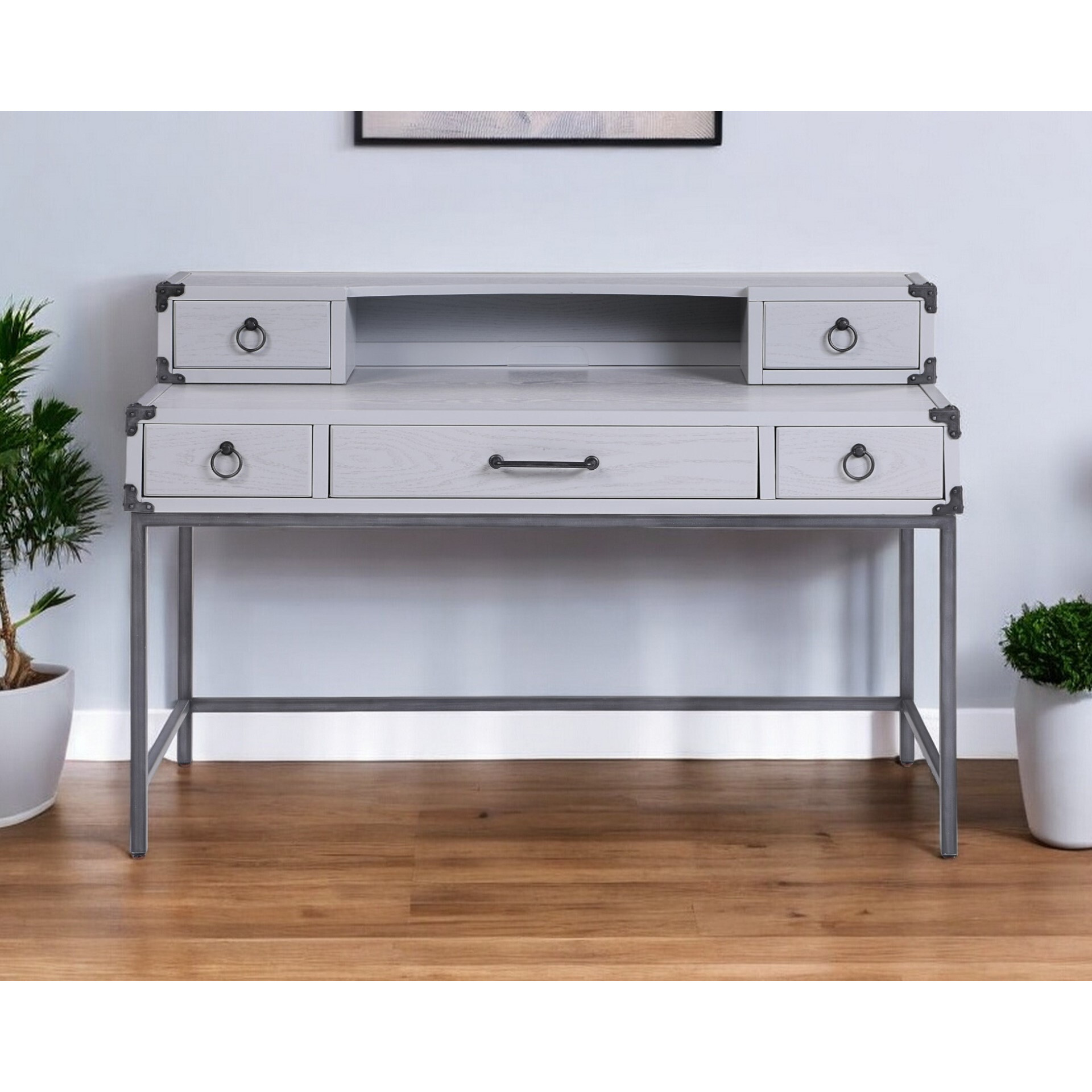 54"" Gray Wood Writing Desk With Five Drawers
