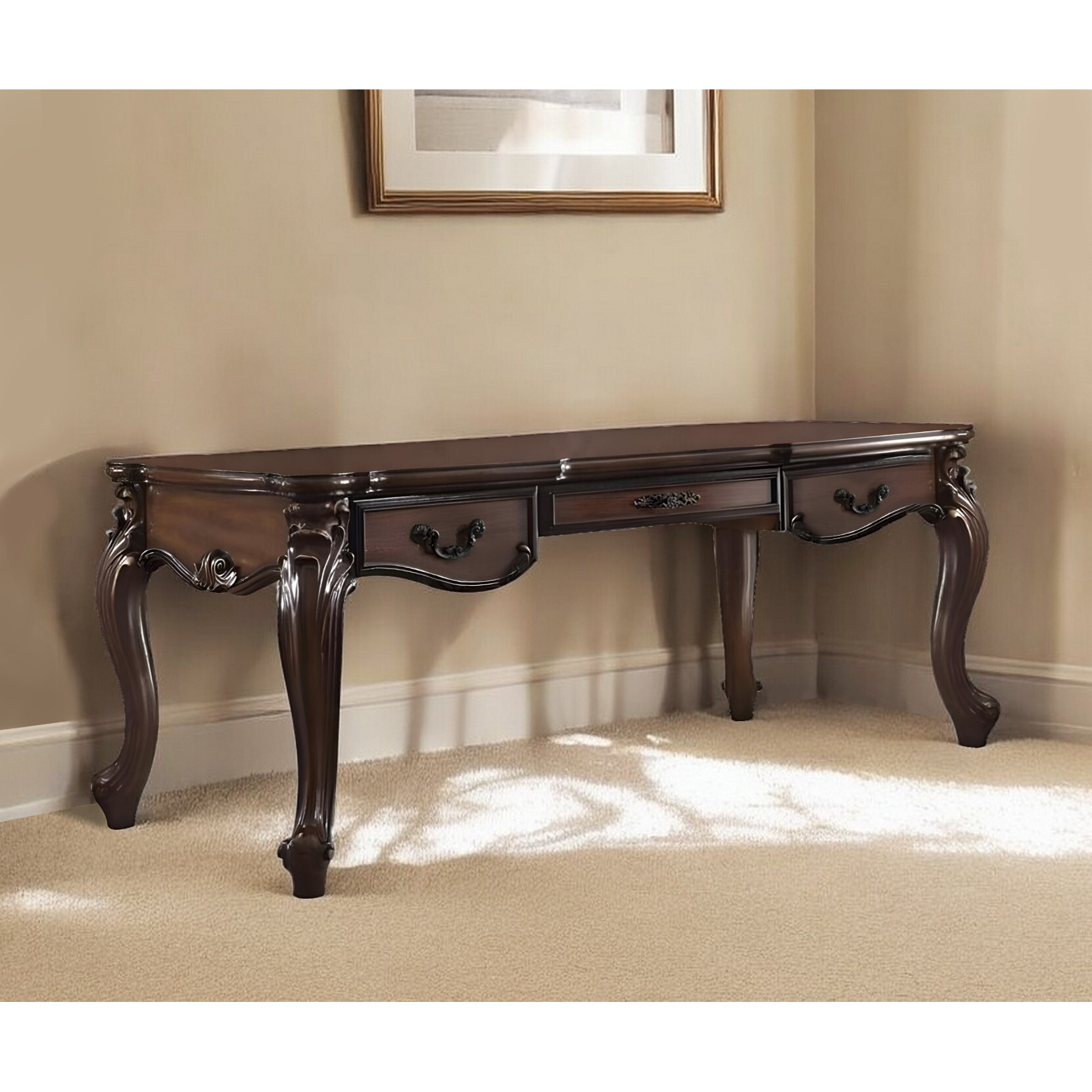 72"" Dark Brown Wood Executive Desk With Three Drawers