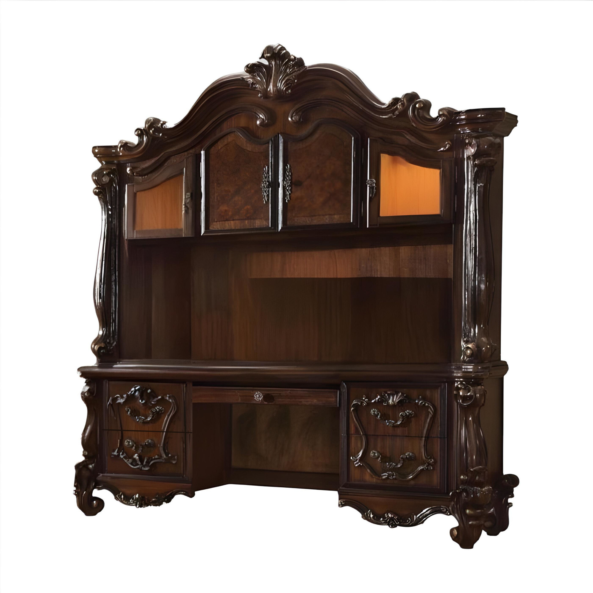 76"" Dark Brown Wood Peninsula Credenza Desk With Four Cabinets Three Drawers
