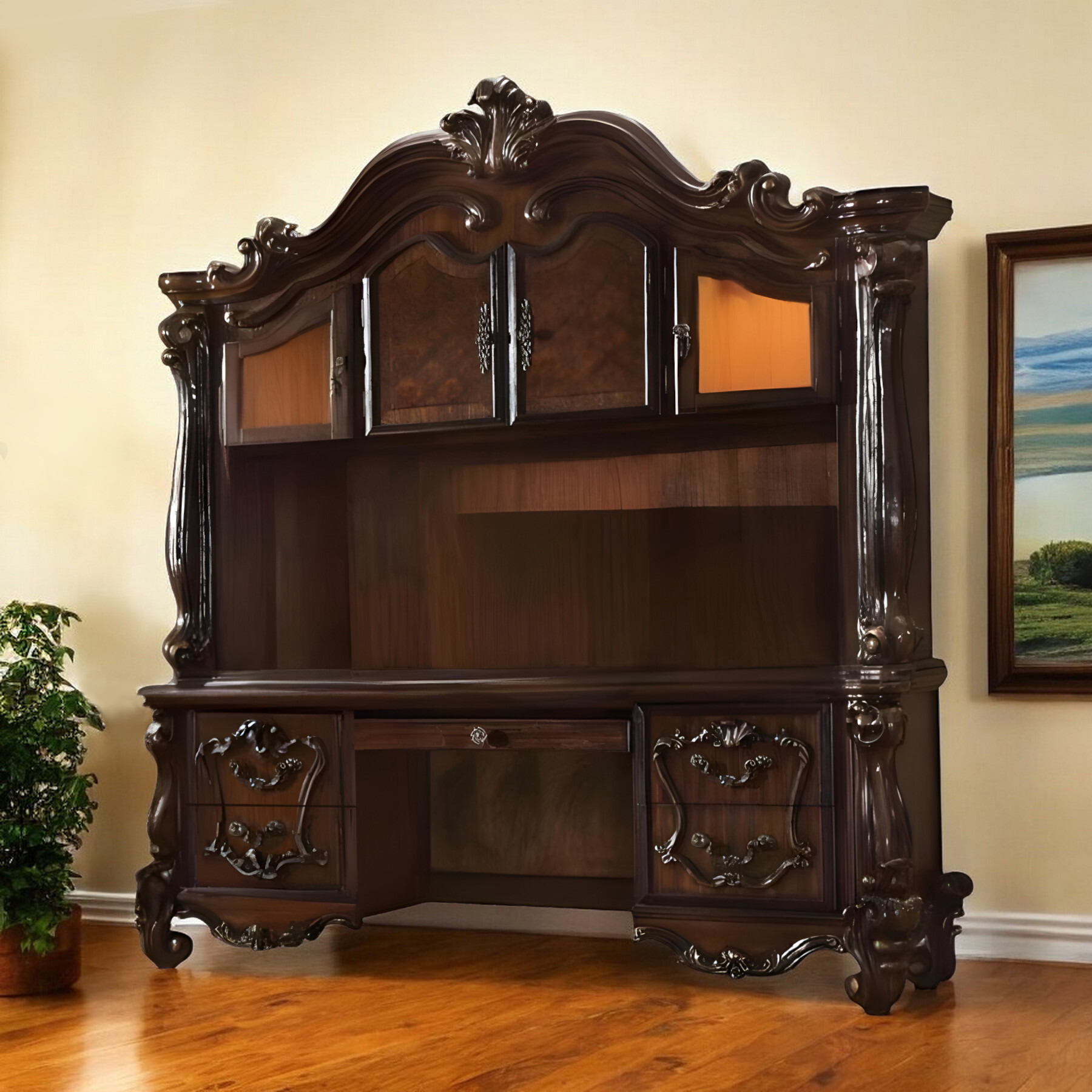 76"" Dark Brown Wood Peninsula Credenza Desk With Four Cabinets Three Drawers