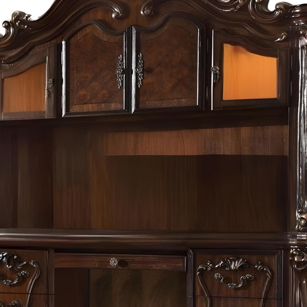 76"" Dark Brown Wood Peninsula Credenza Desk With Four Cabinets Three Drawers