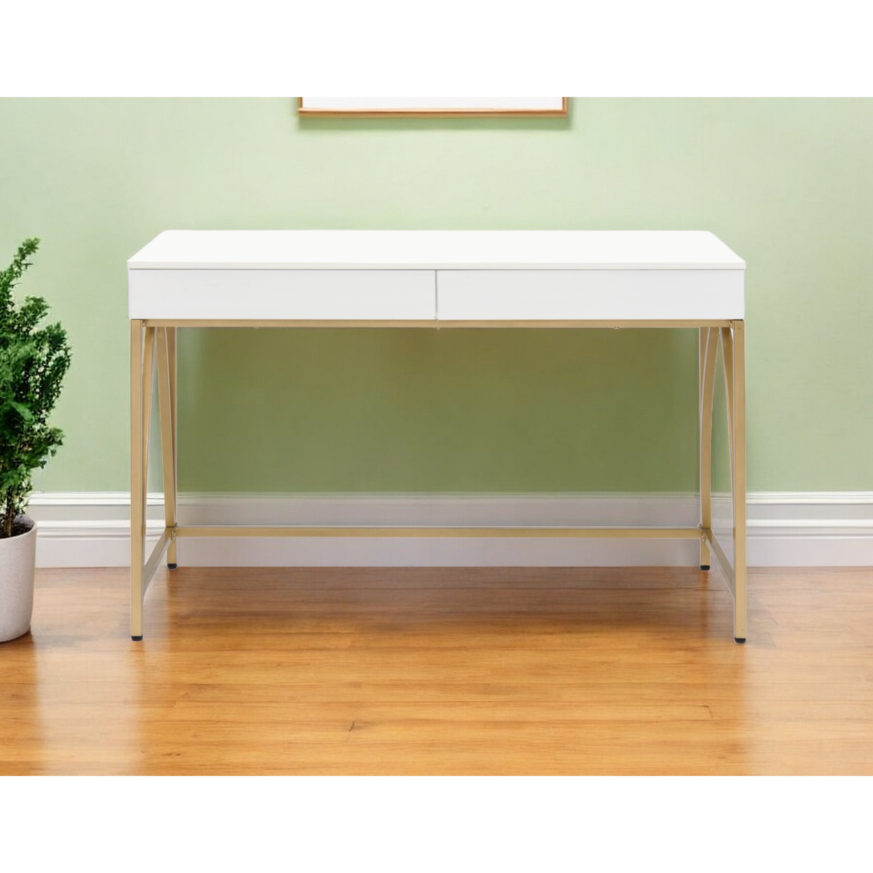 50"" White And Gold Writing Desk With Two Drawers