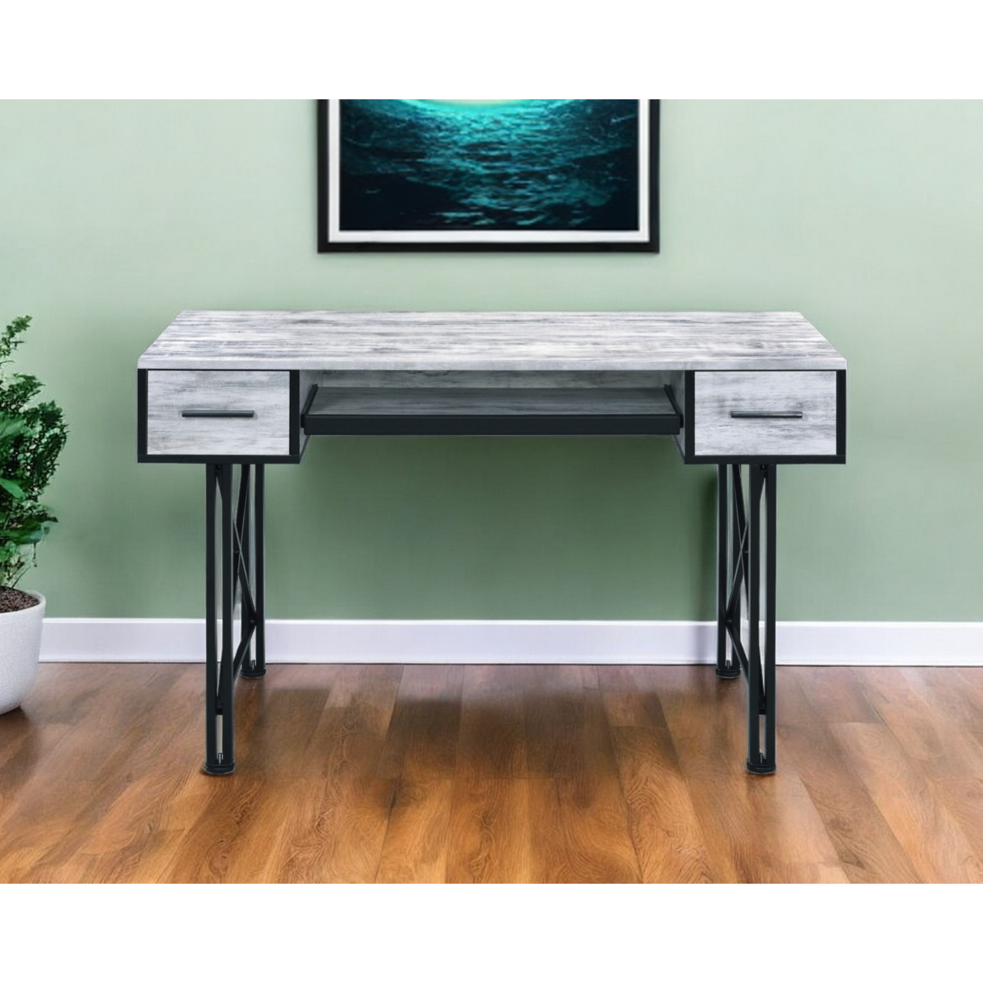 47"" Antiqued White And Black Computer Desk With Two Drawers