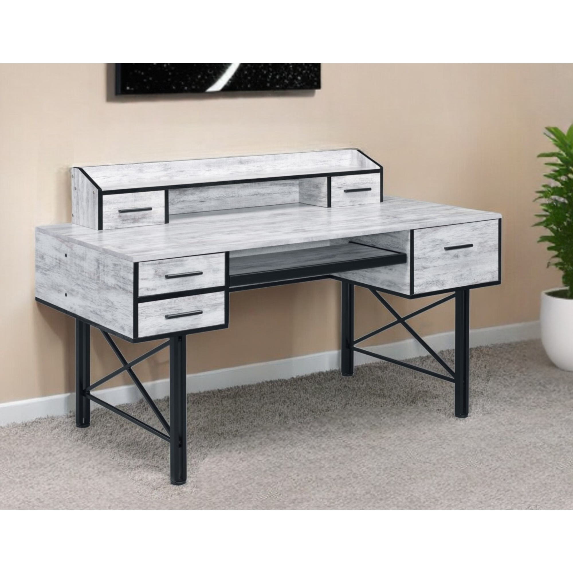 59"" Antiqued White And Black Computer Desk With Five Drawers