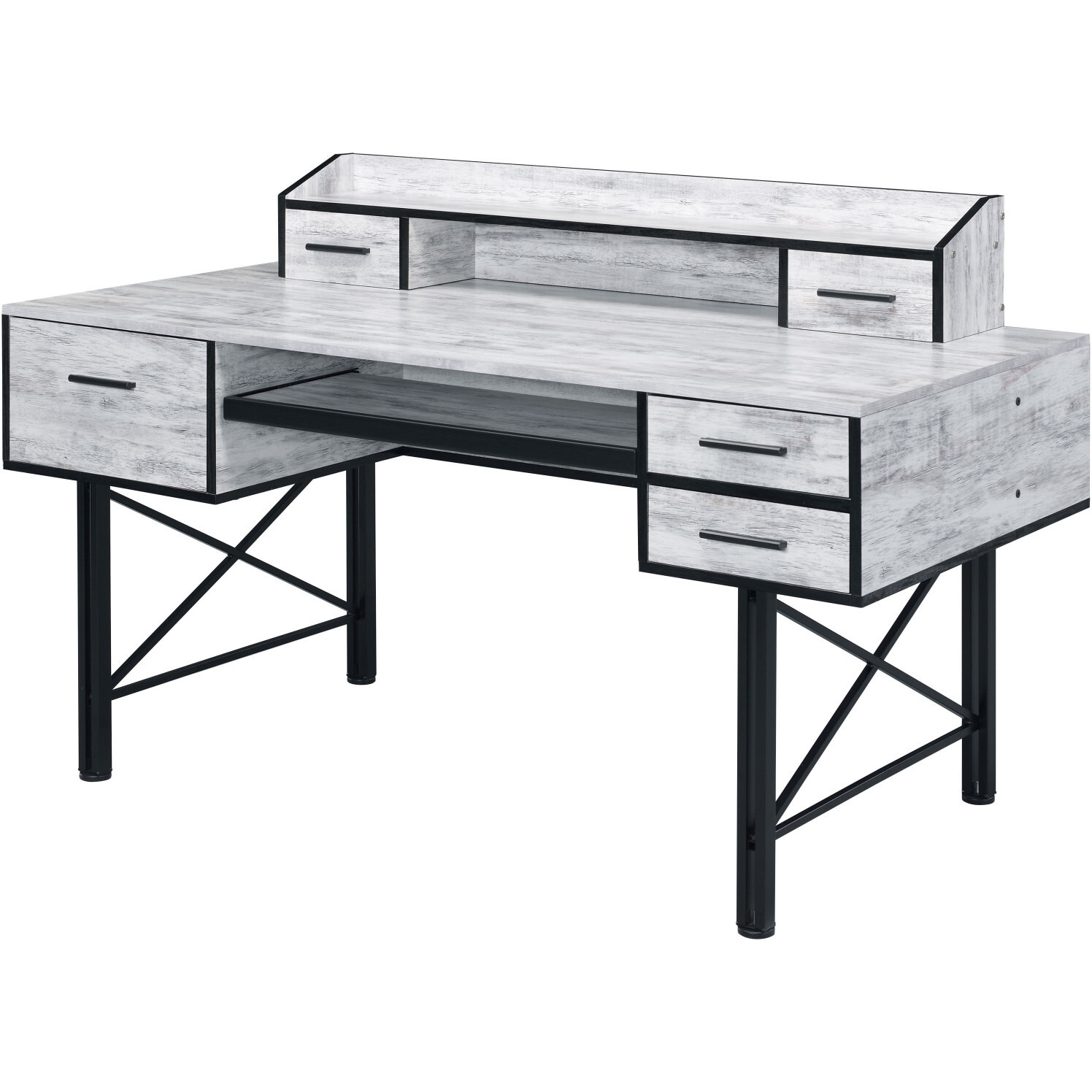 59"" Antiqued White And Black Computer Desk With Five Drawers