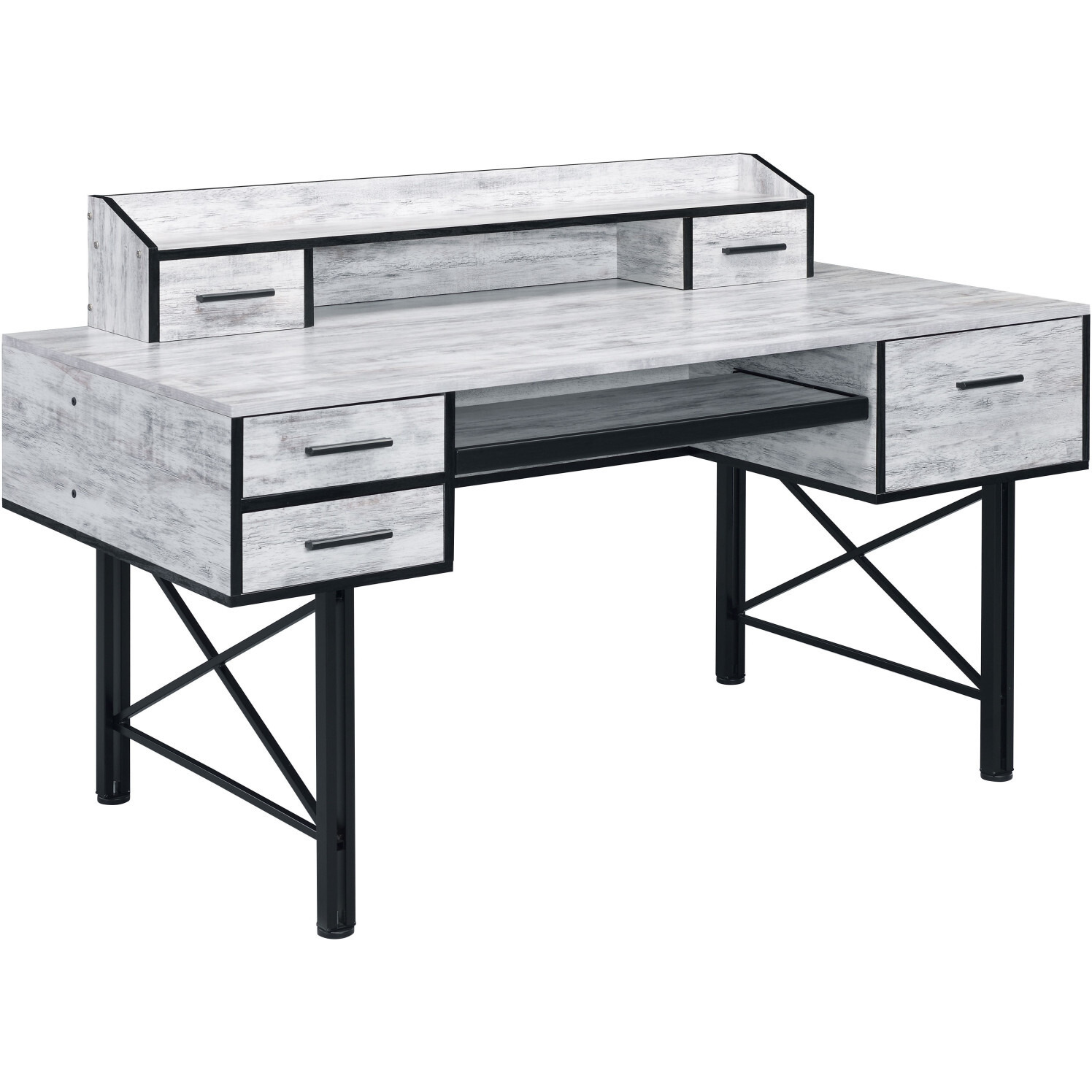 59"" Antiqued White And Black Computer Desk With Five Drawers